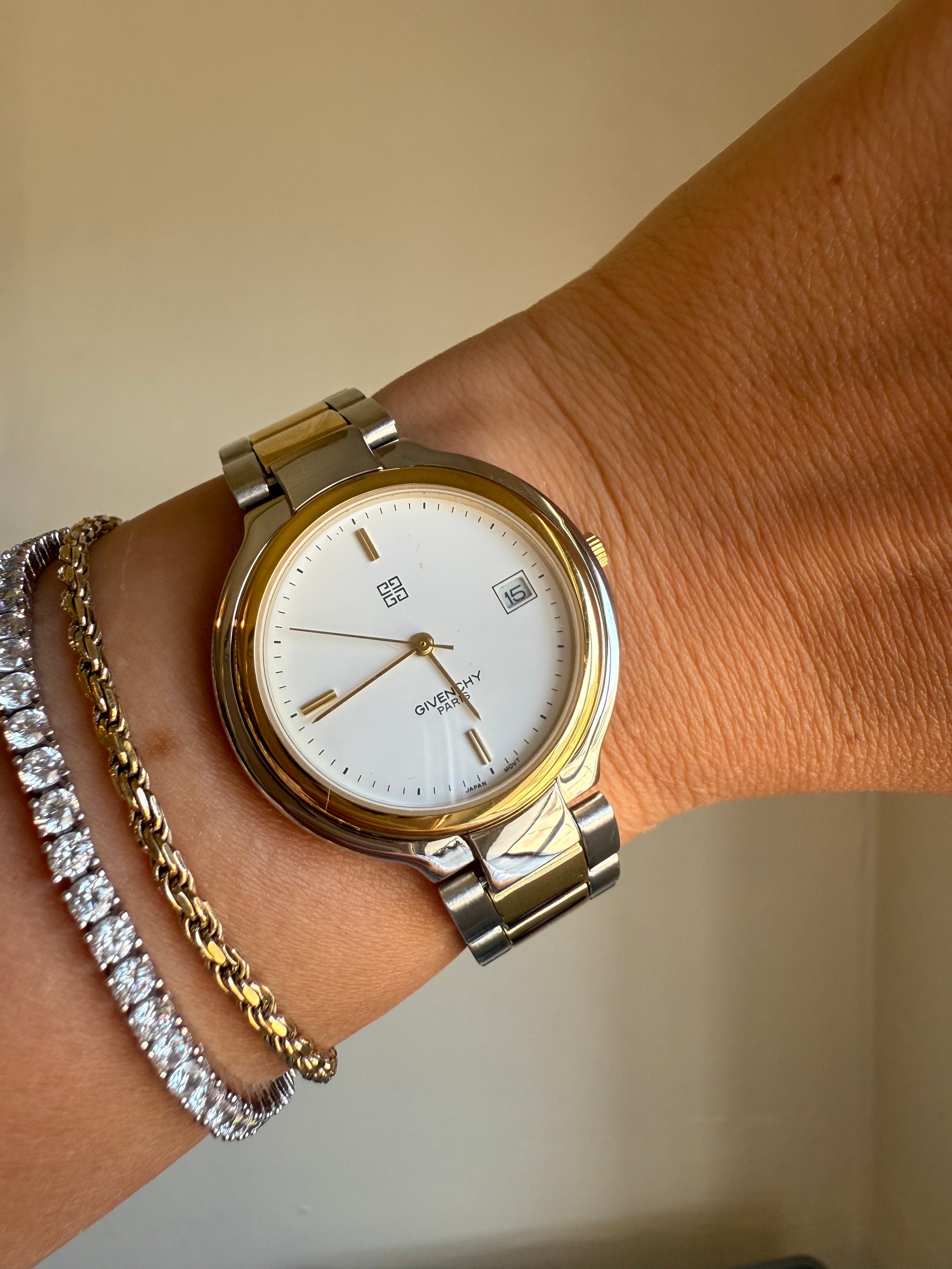 1990s Givenchy Paris Two Tone White Dial Date Just Dress Watch