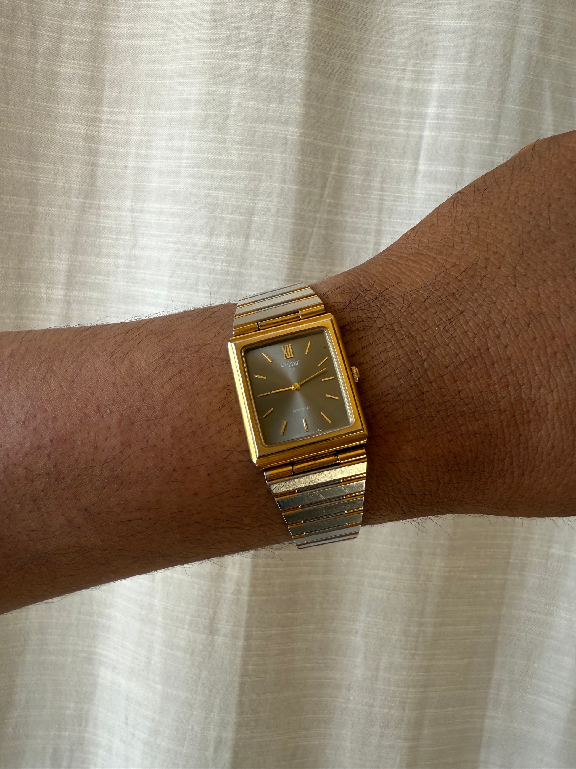 1983 Pulsar Two Tone Gun Metal Tone Dial Quartz Tank Watch
