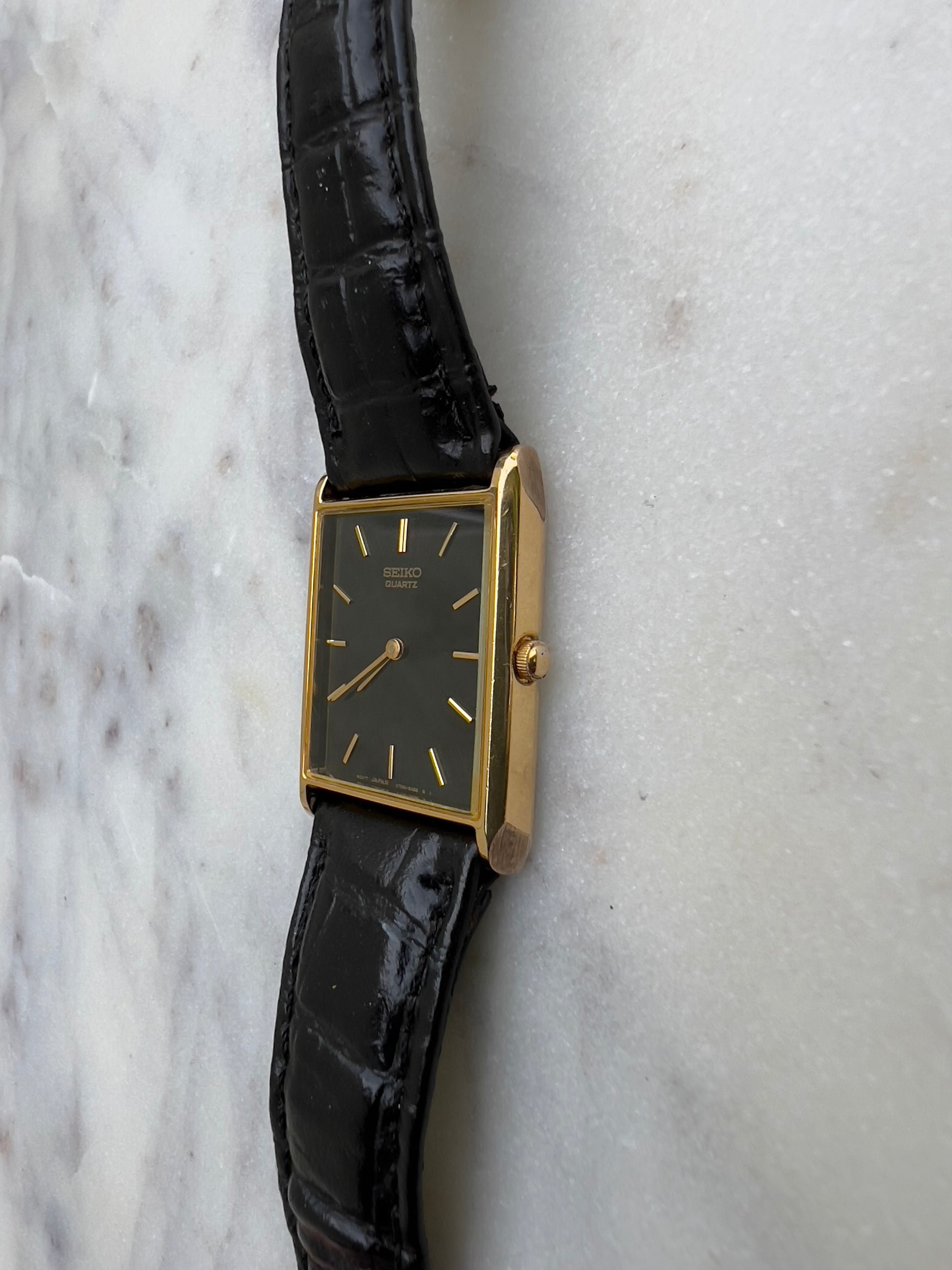 Seiko Vintage V700Tank Watch - 25mm Gold Tone with Black Leather Strap - New Battery