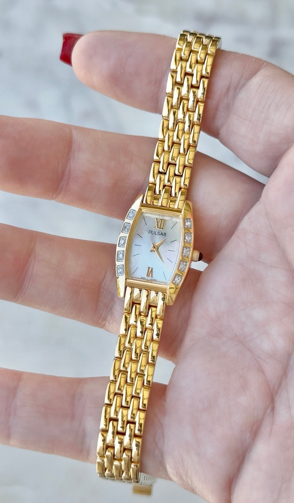 1995 Pulsar Quartz by SEIKO Diamond MOP Tonneau Bracelet Watch