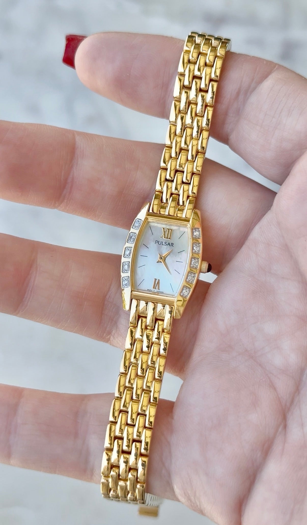 1995 Pulsar Quartz by SEIKO Diamond MOP Tonneau Bracelet Watch