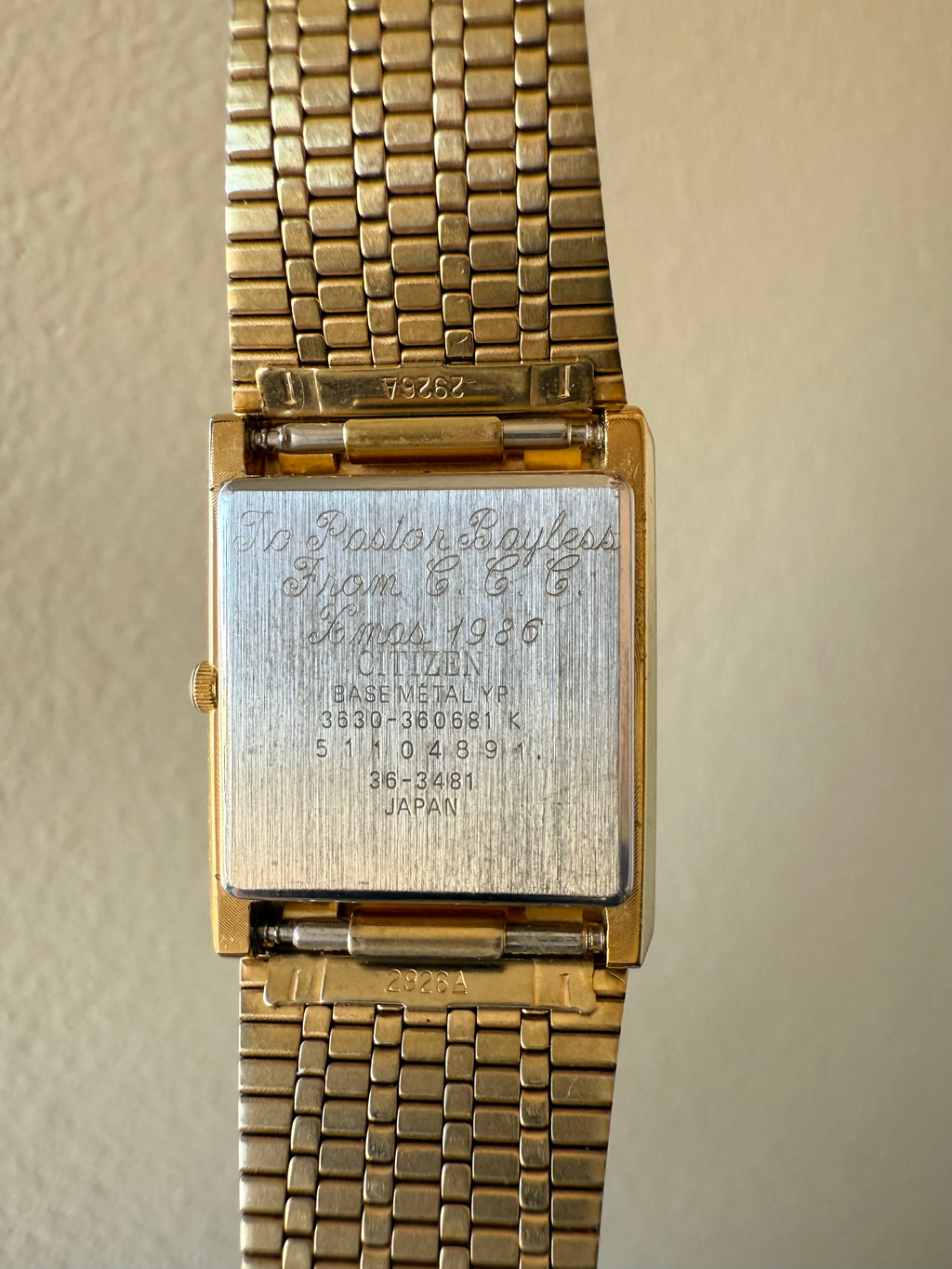 1980’s Citizen Quartz “CQ” Gold Plated “XMAS 1986” Tank Watch