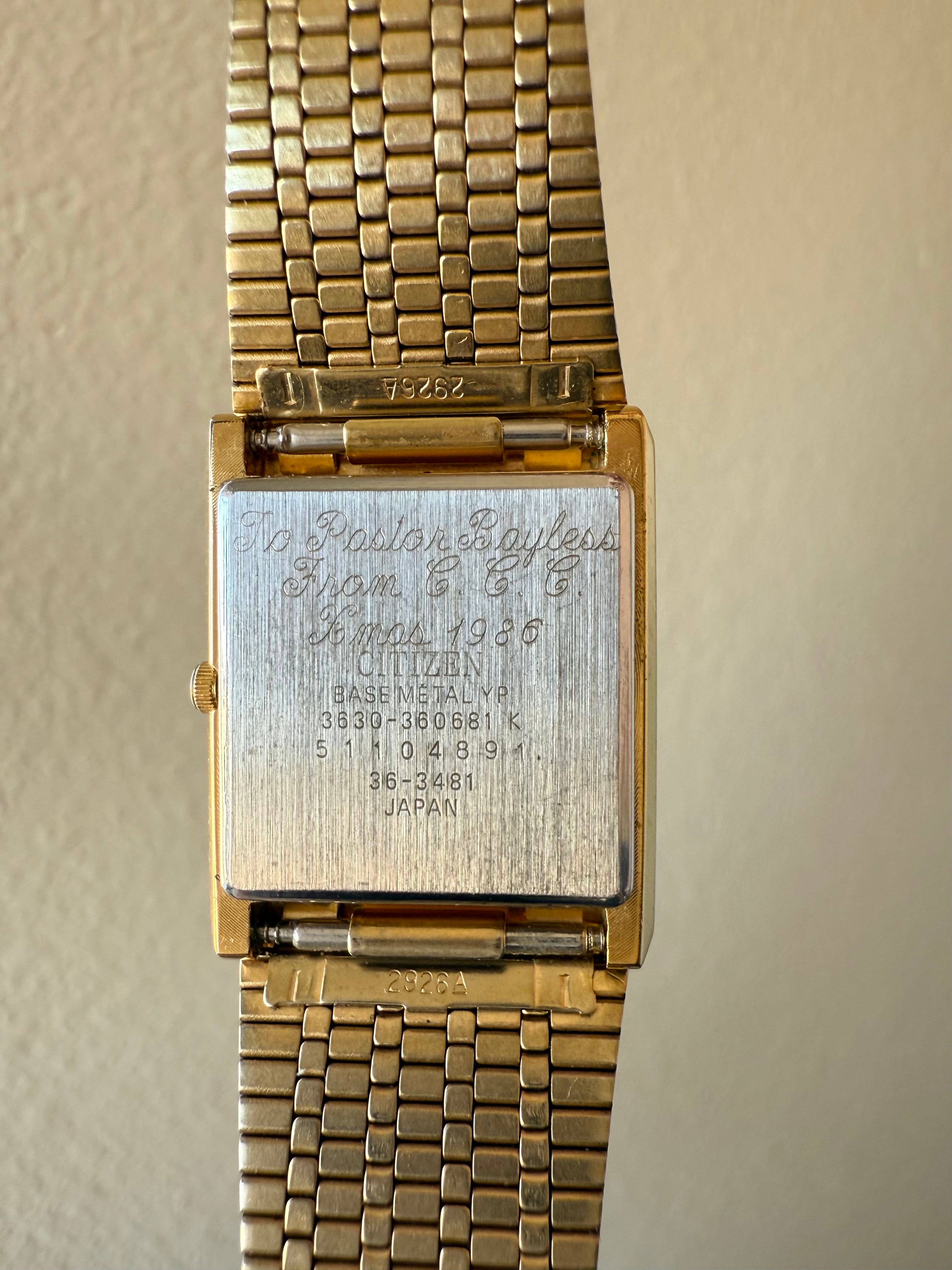 1980’s Citizen Quartz “CQ” Gold Plated “XMAS 1986” Tank Watch