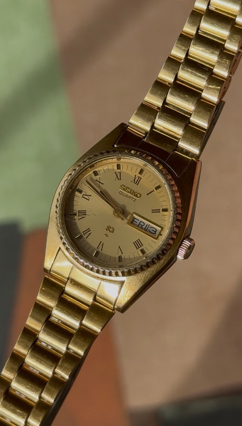 1981 Seiko Quartz SQ Roman “President” Gold Tone Day Date Watch