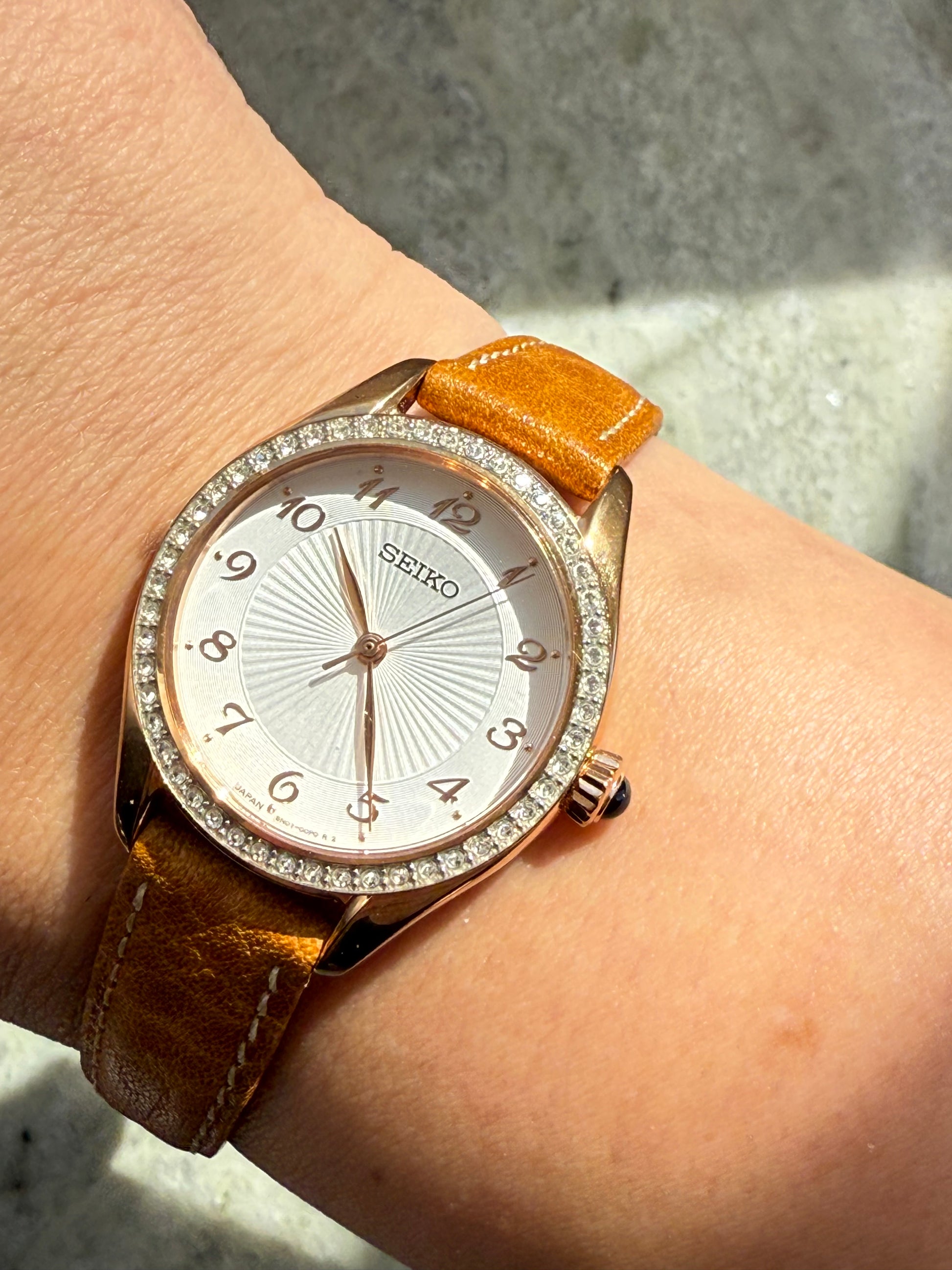 Seiko Essentials Rose Gold Tone Crystal Bezel Watch