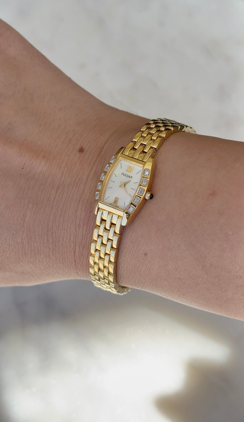 1995 Pulsar Quartz by SEIKO Diamond MOP Tonneau Bracelet Watch