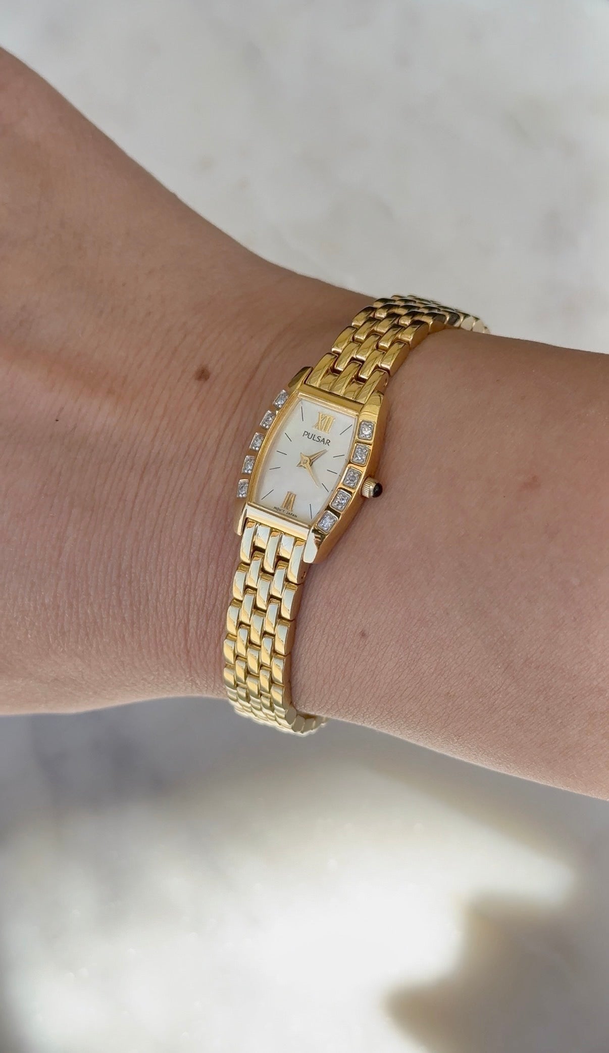 1995 Pulsar Quartz by SEIKO Diamond MOP Tonneau Bracelet Watch