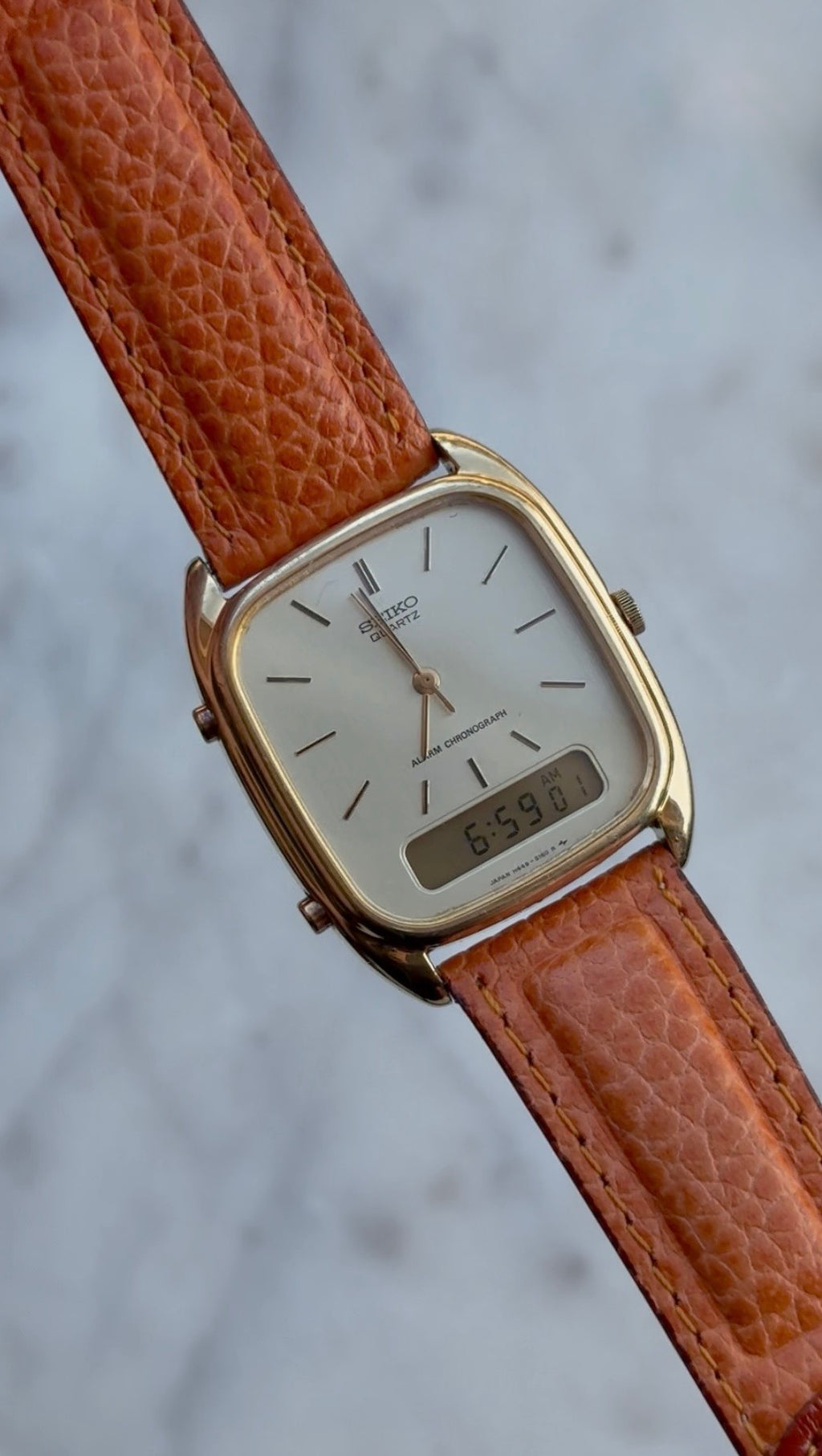 1983 Seiko Quartz Gold Plated Alarm Chronograph Tonneau Ana-Digi Watch
