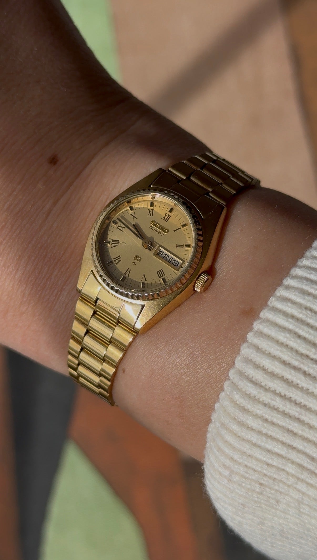 1981 Seiko Quartz SQ Roman “President” Gold Tone Day Date Watch
