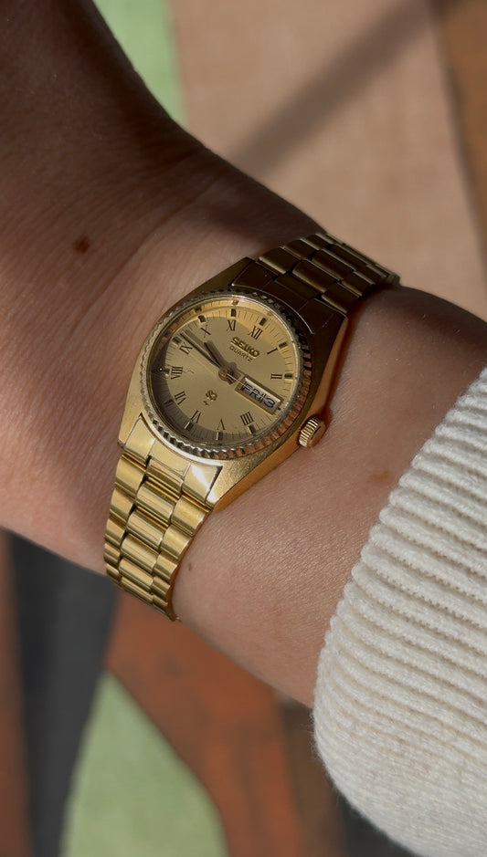 1981 Seiko Quartz SQ Roman “President” Gold Tone Day Date Watch