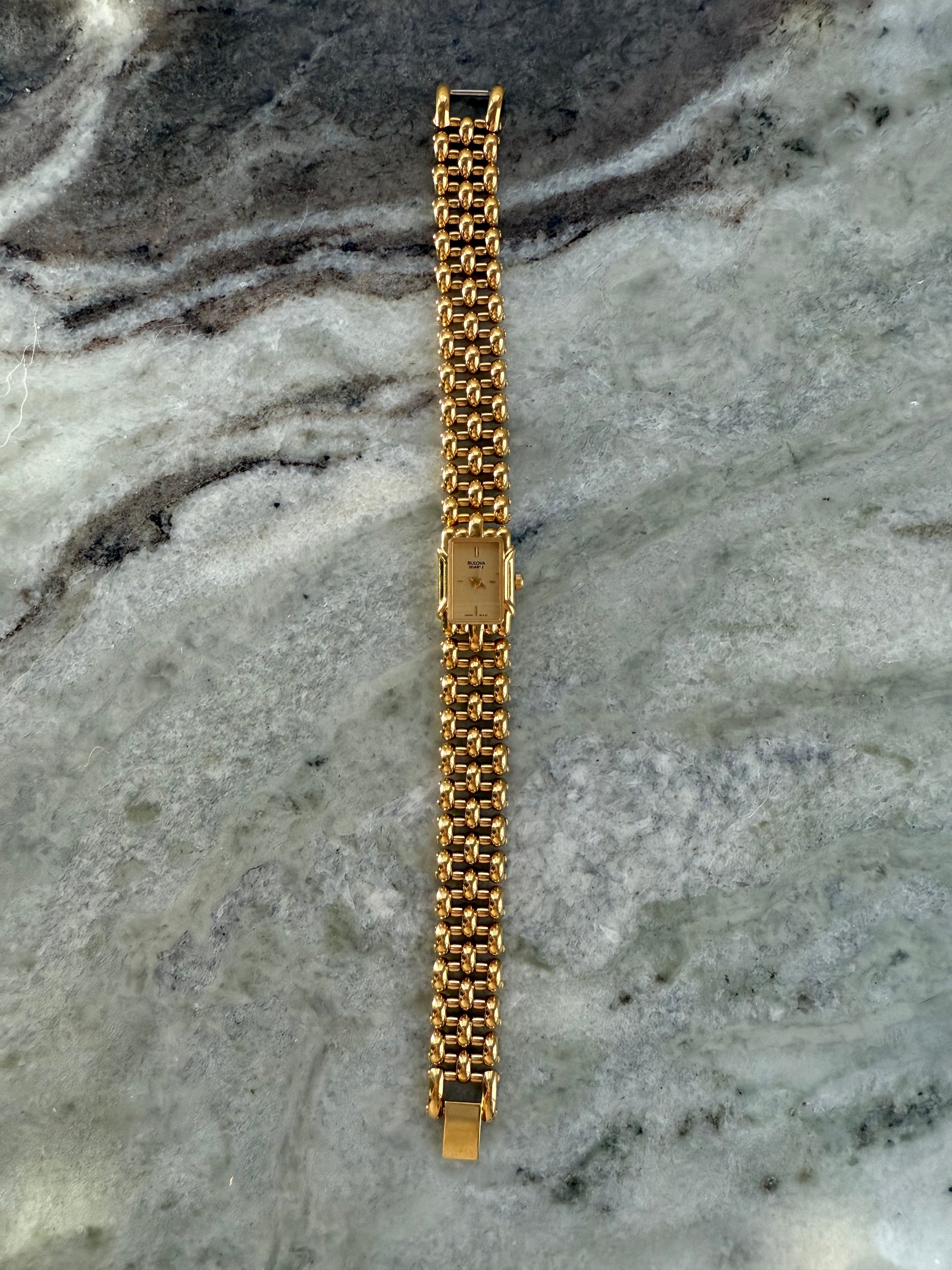 1998 Bulova Quartz Gold Tone Bracelet Tank Watch