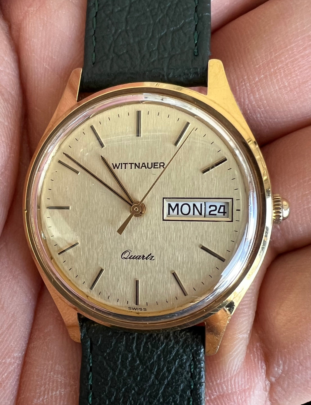 1980’s Wittnauer-Longines Quartz Gold Tone Day Date Swiss Watch