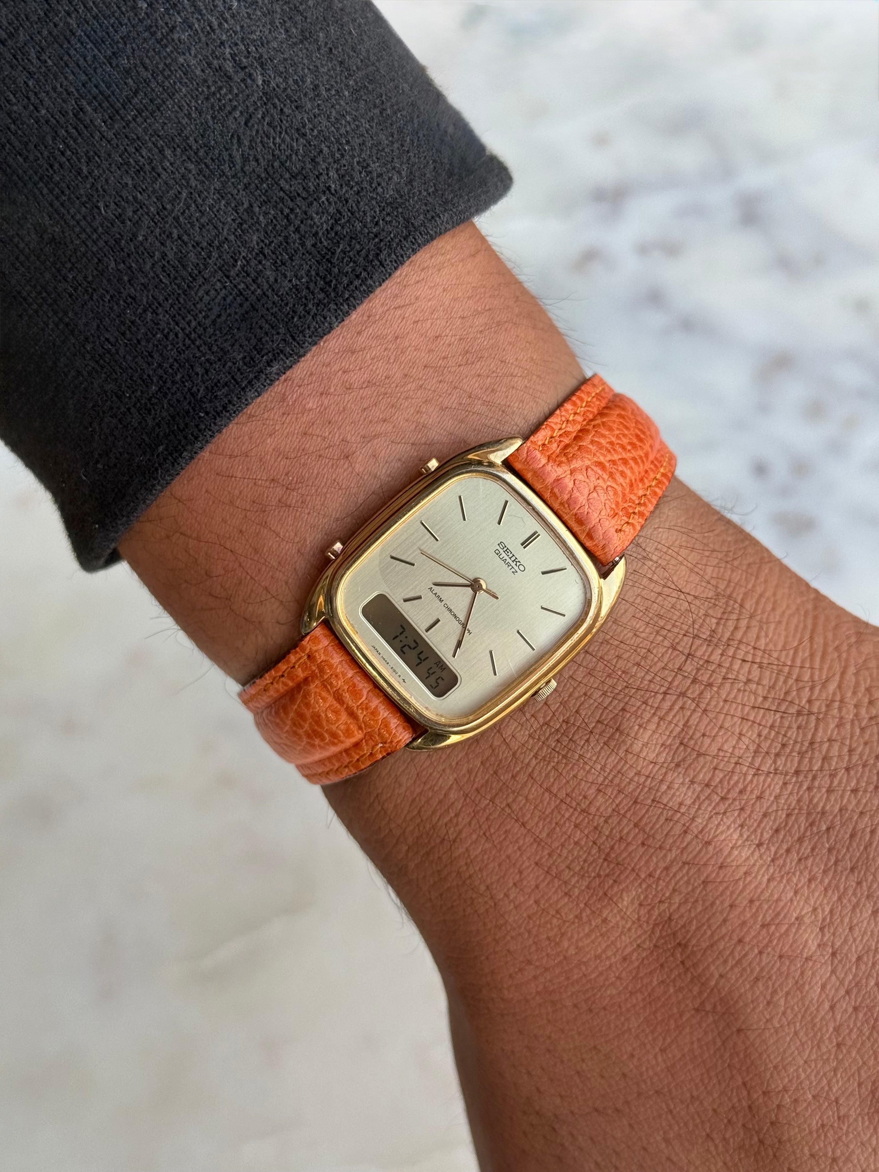 1983 Seiko Quartz Gold Plated Alarm Chronograph Tonneau Ana-Digi Watch