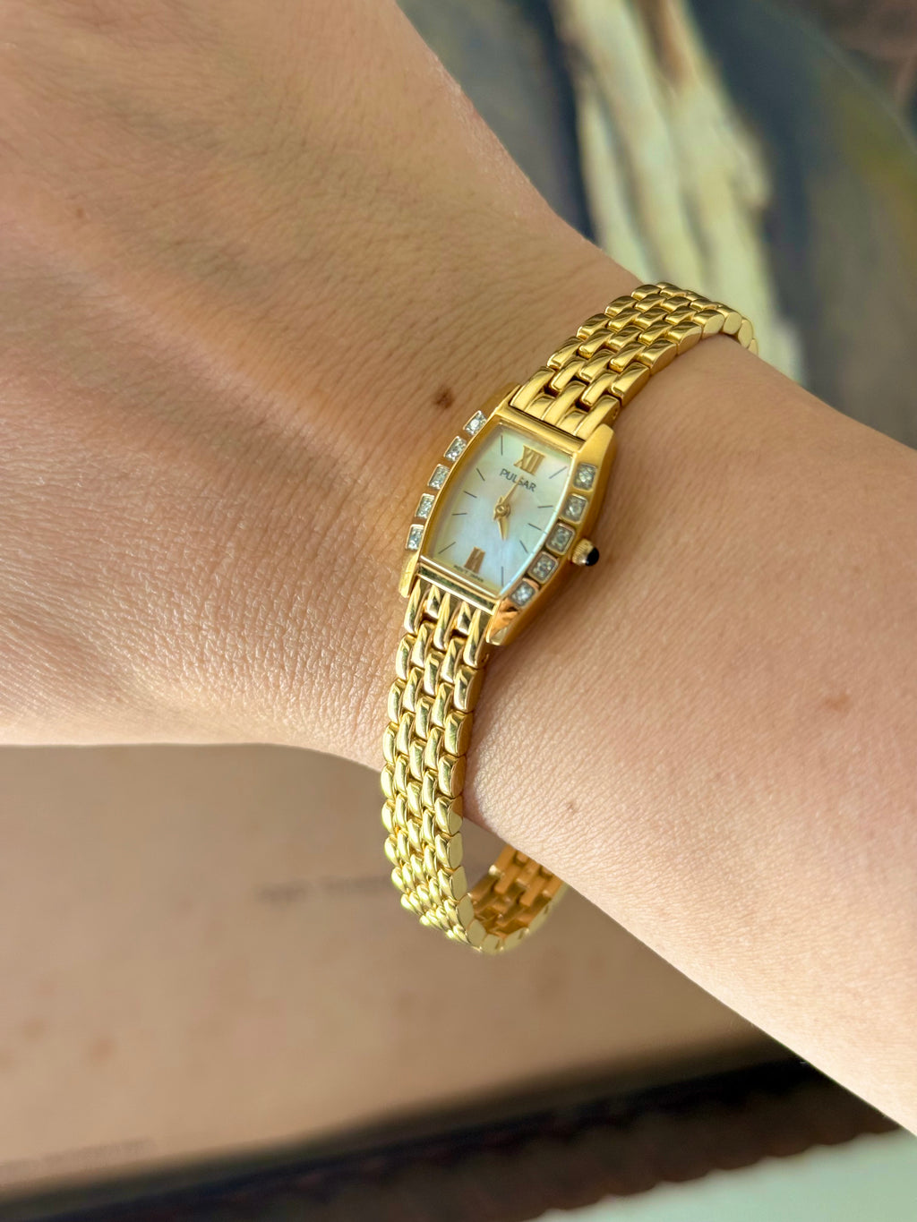1995 Pulsar Quartz by SEIKO Diamond MOP Tonneau Bracelet Watch