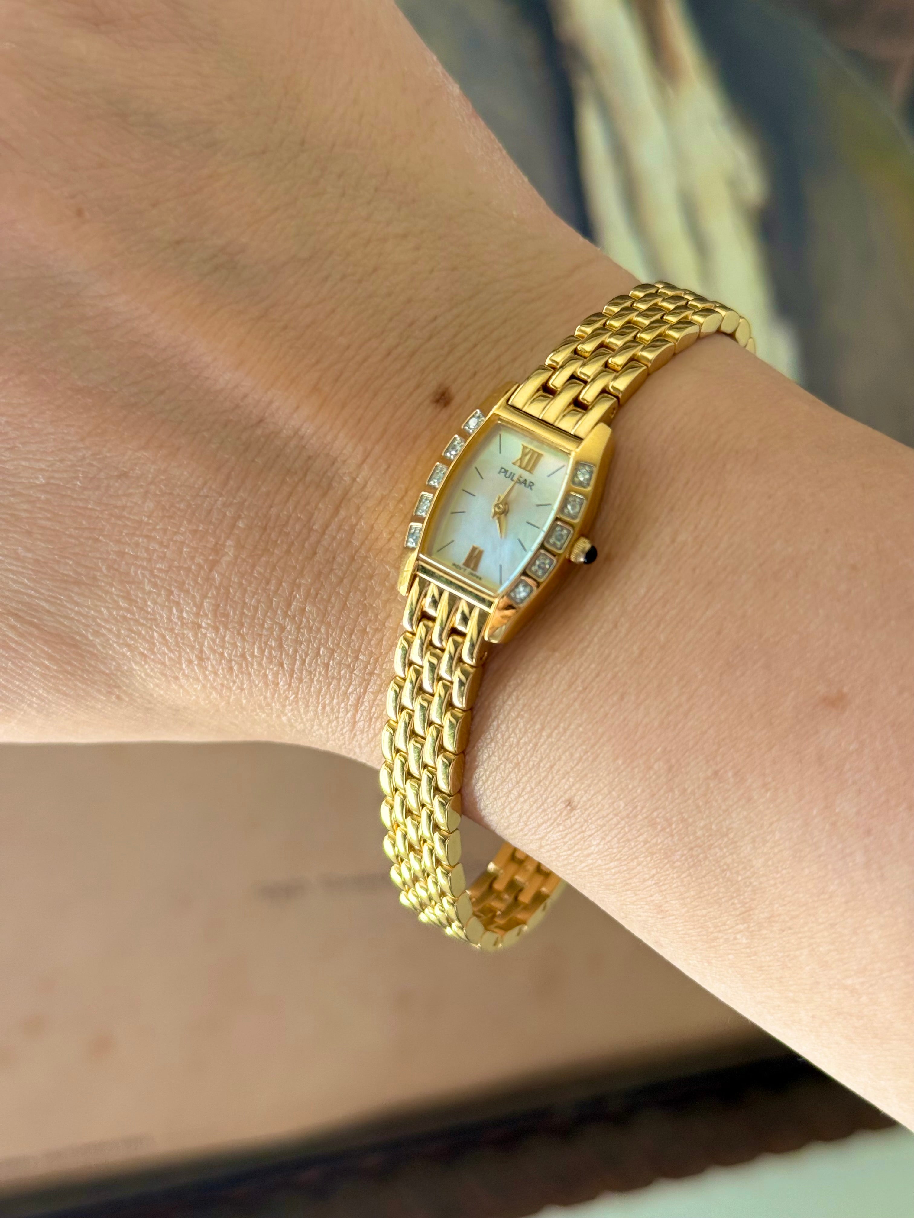 1995 Pulsar Quartz by SEIKO Diamond MOP Tonneau Bracelet Watch
