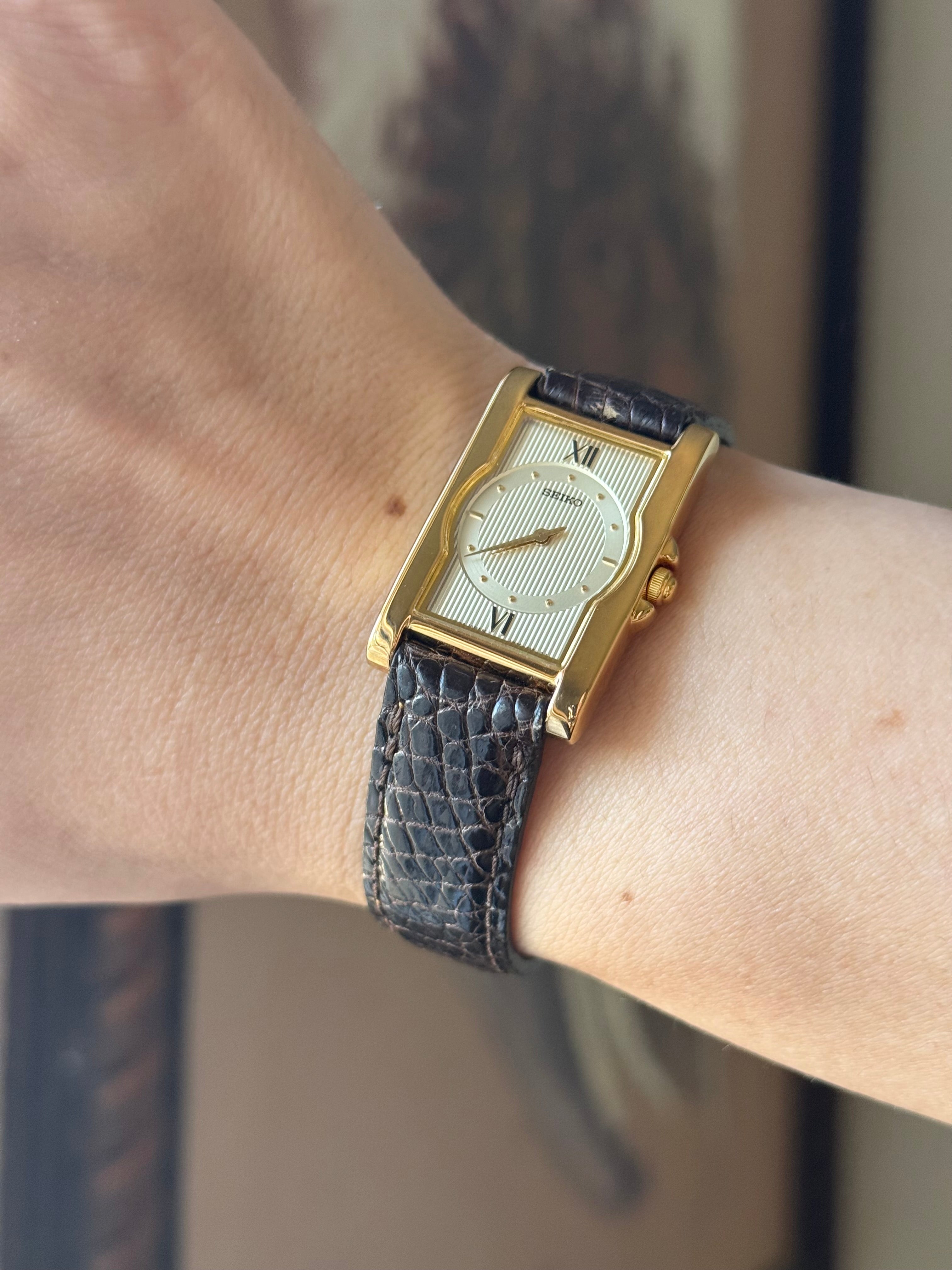 1988 Seiko Quartz (NOS) Gold Tone Tank Watch - brown + red band