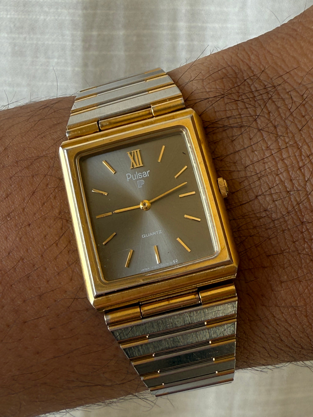 1983 Pulsar Two Tone Gun Metal Tone Dial Quartz Tank Watch