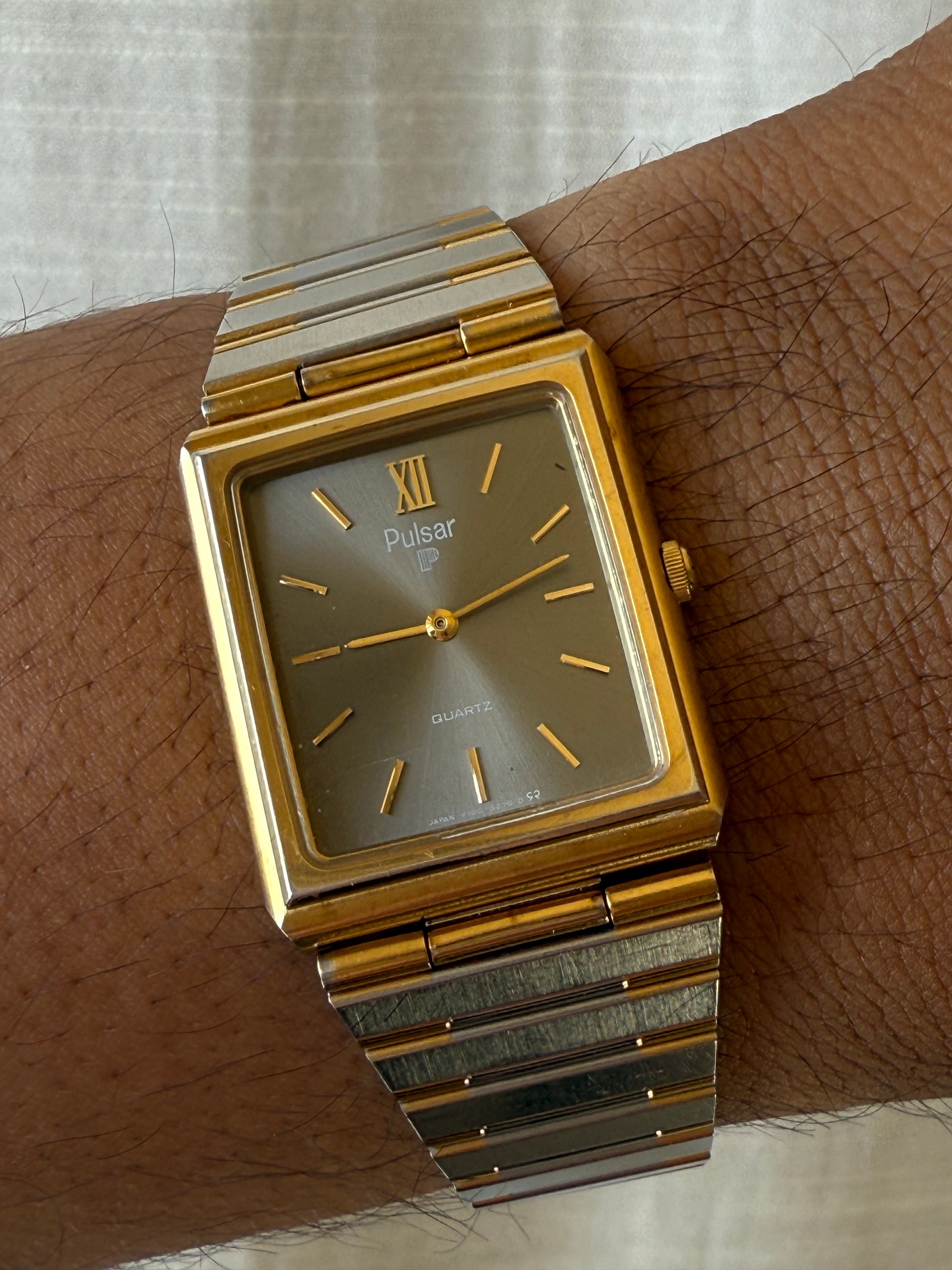 1983 Pulsar Two Tone Gun Metal Tone Dial Quartz Tank Watch