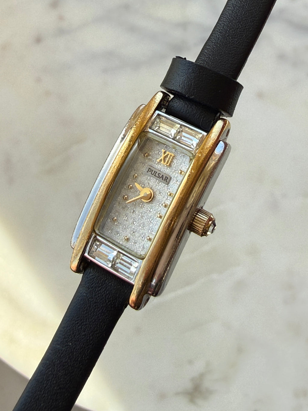 1997 Pulsar Quartz V220 By SEIKO Two Tone Baguette Tank Watch