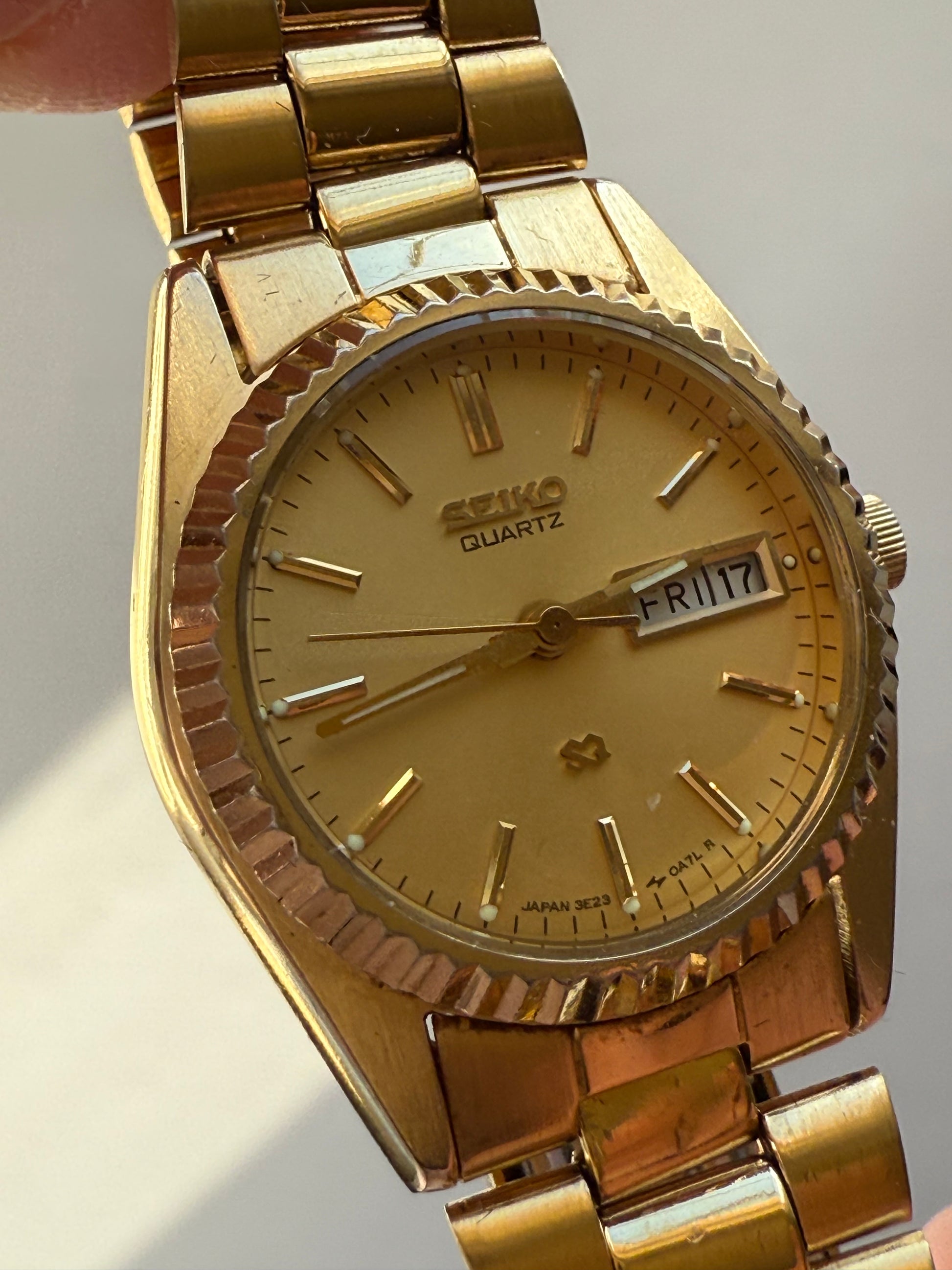 1987 Seiko Quartz SQ Gold Tone “President” Day Date Watch