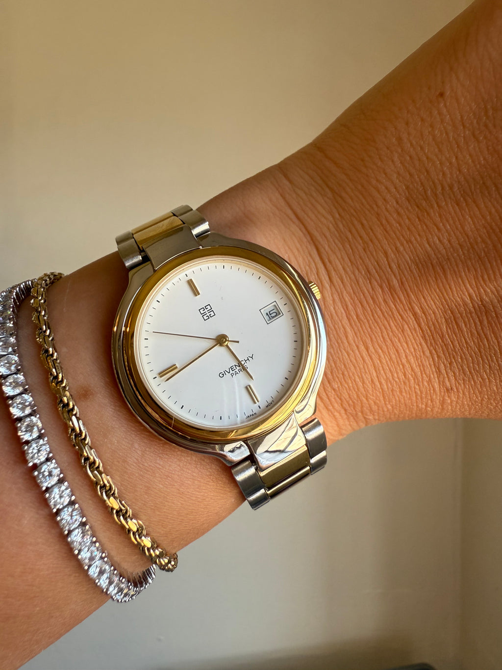 1990s Givenchy Paris Two Tone White Dial Date Just Dress Watch