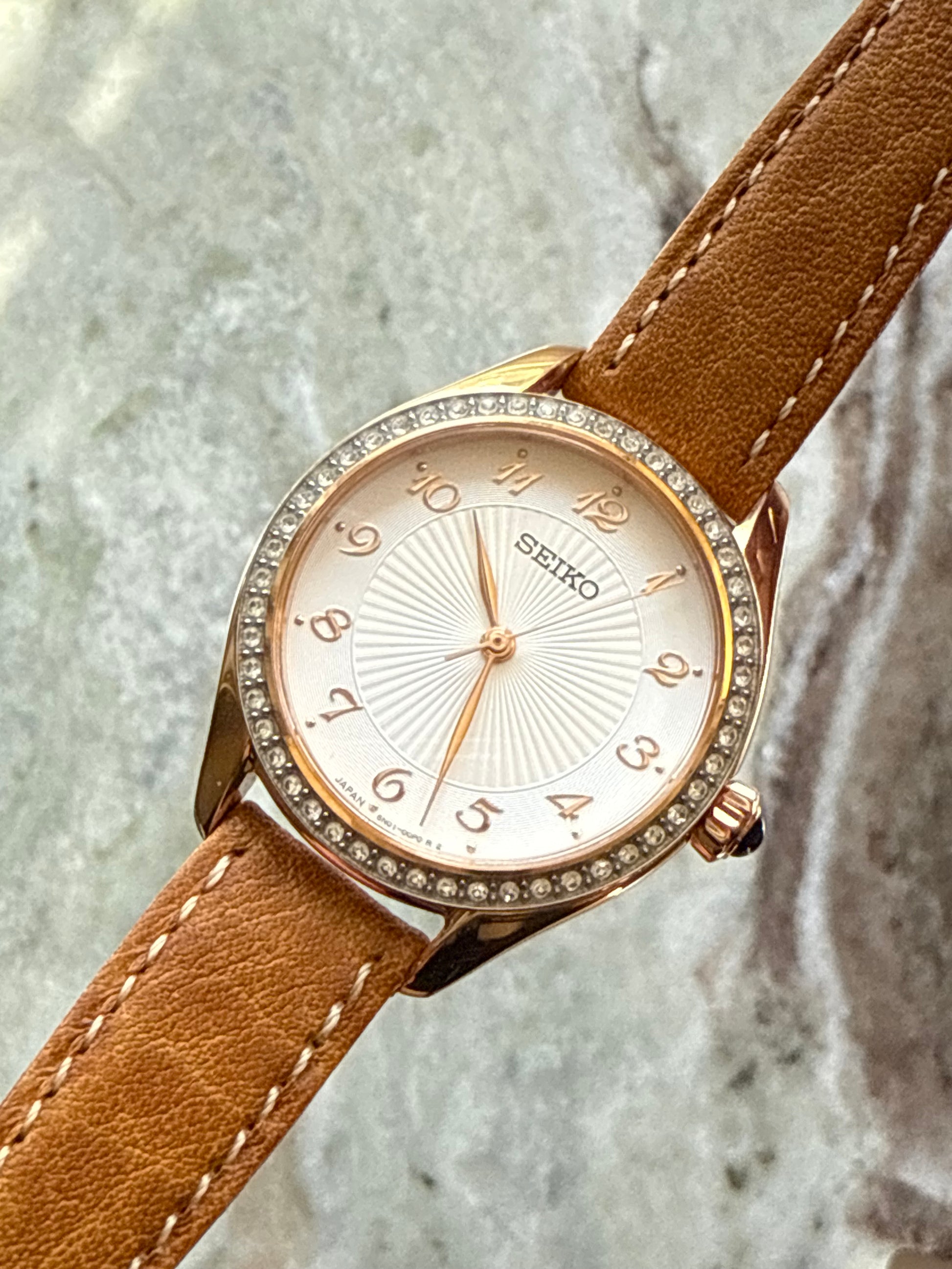 Seiko Essentials Rose Gold Tone Crystal Bezel Watch