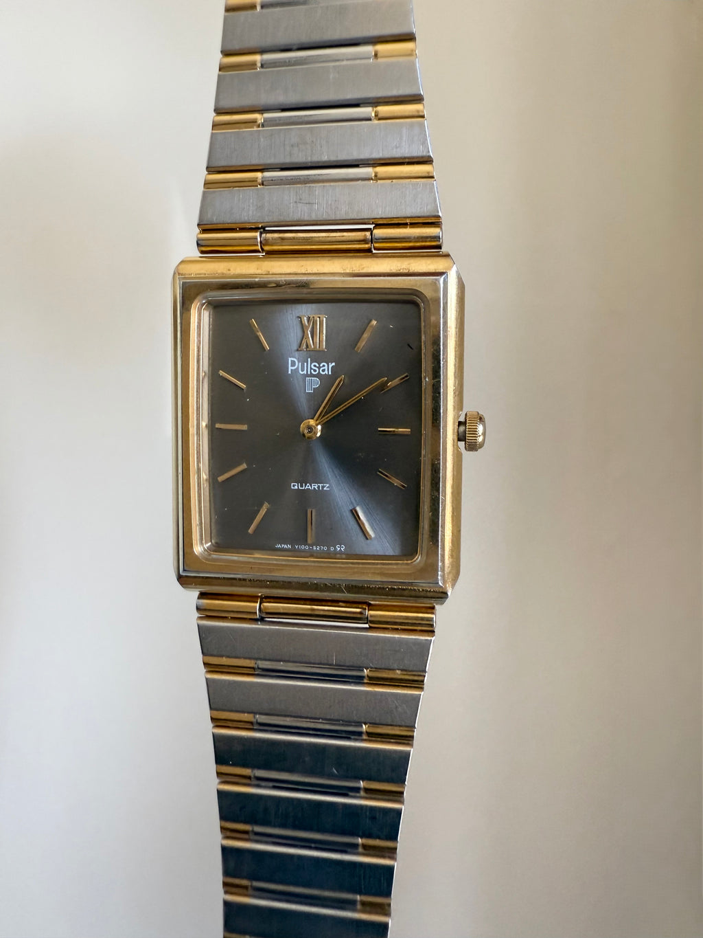 1983 Pulsar Two Tone Gun Metal Tone Dial Quartz Tank Watch