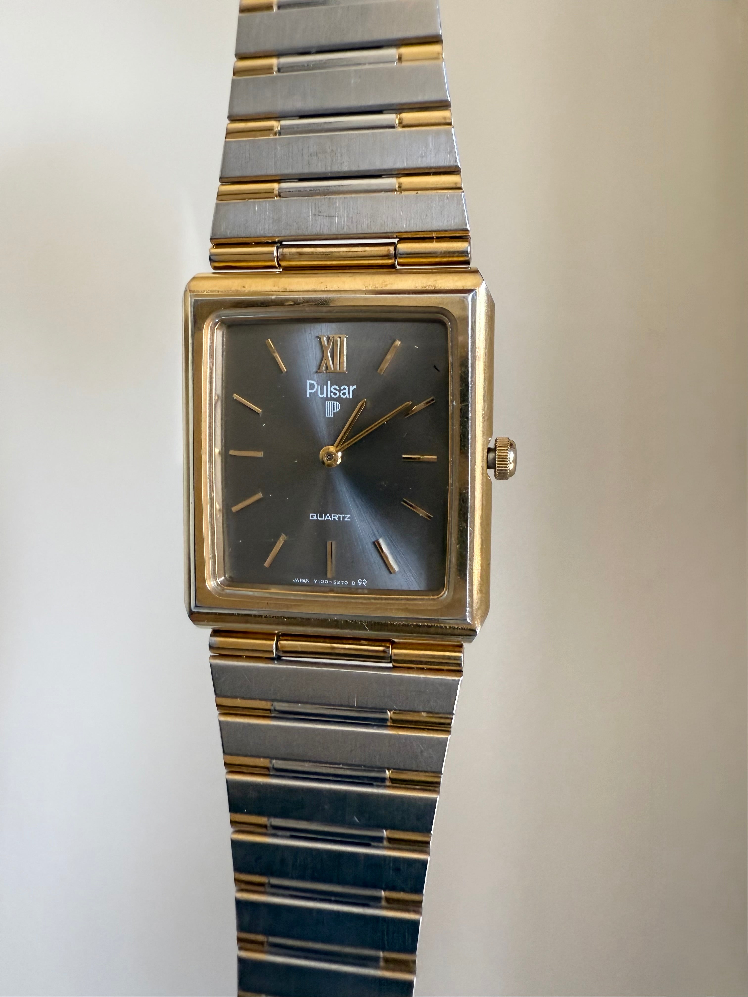 1983 Pulsar Two Tone Gun Metal Tone Dial Quartz Tank Watch