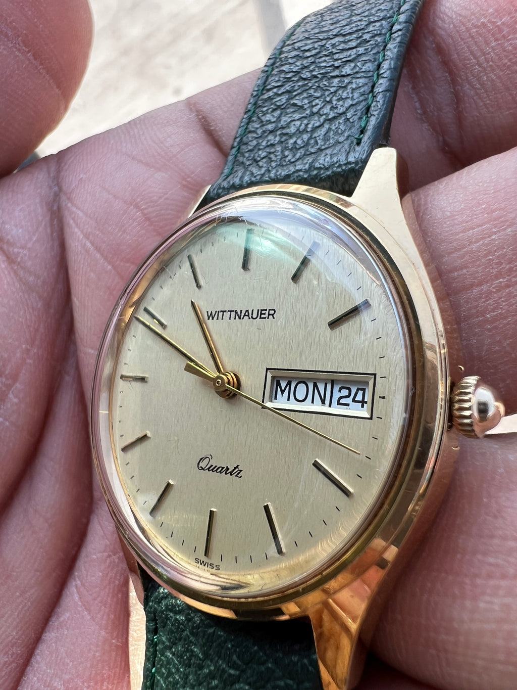 1980’s Wittnauer-Longines Quartz Gold Tone Day Date Swiss Watch