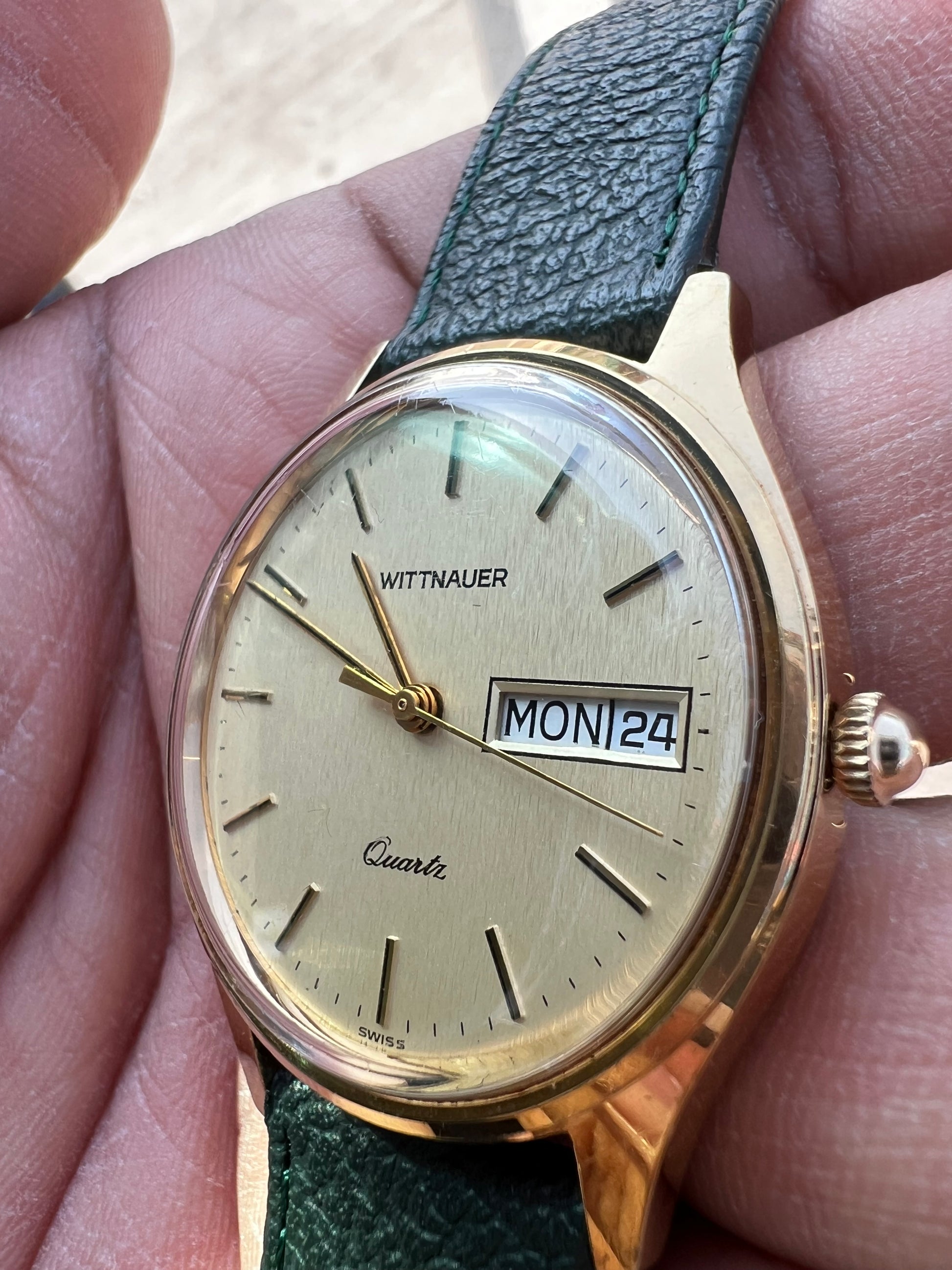 1980’s Wittnauer-Longines Quartz Gold Tone Day Date Swiss Watch