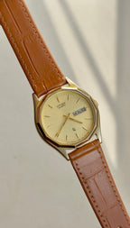 1980's Citizen Quartz CQ Gold Tone Decagon Day Date Watch