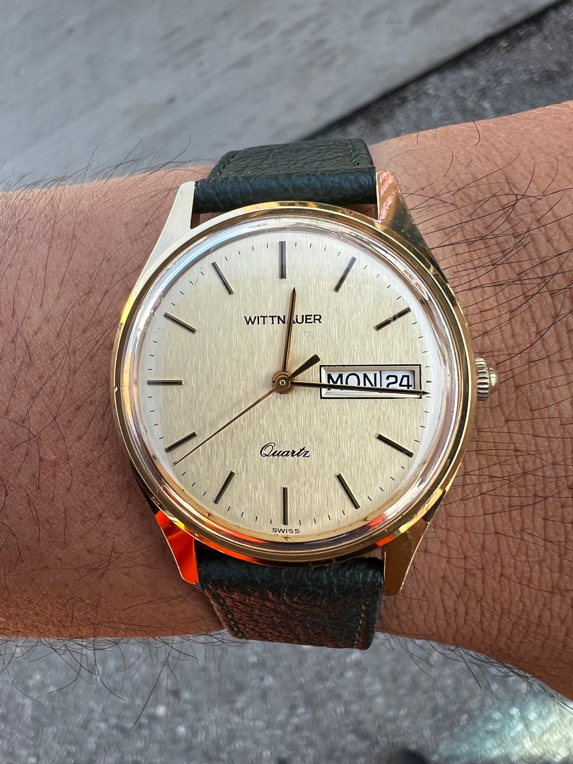 1980’s Wittnauer-Longines Quartz Gold Tone Day Date Swiss Watch