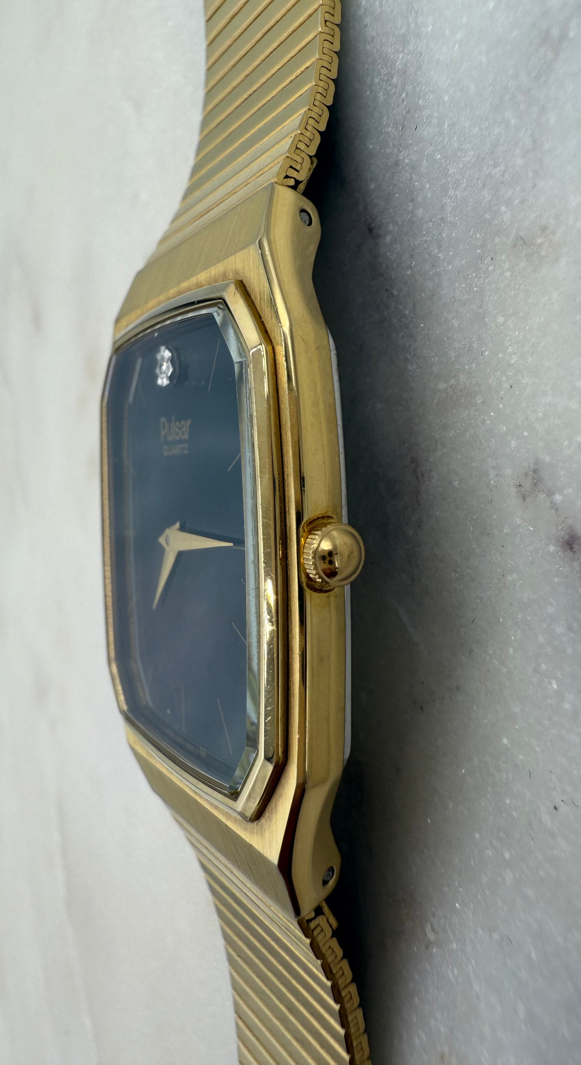 Pulsar Diamond Quartz by Seiko 1980s Gold Tone Black Dial Watch (Excellent Condition)