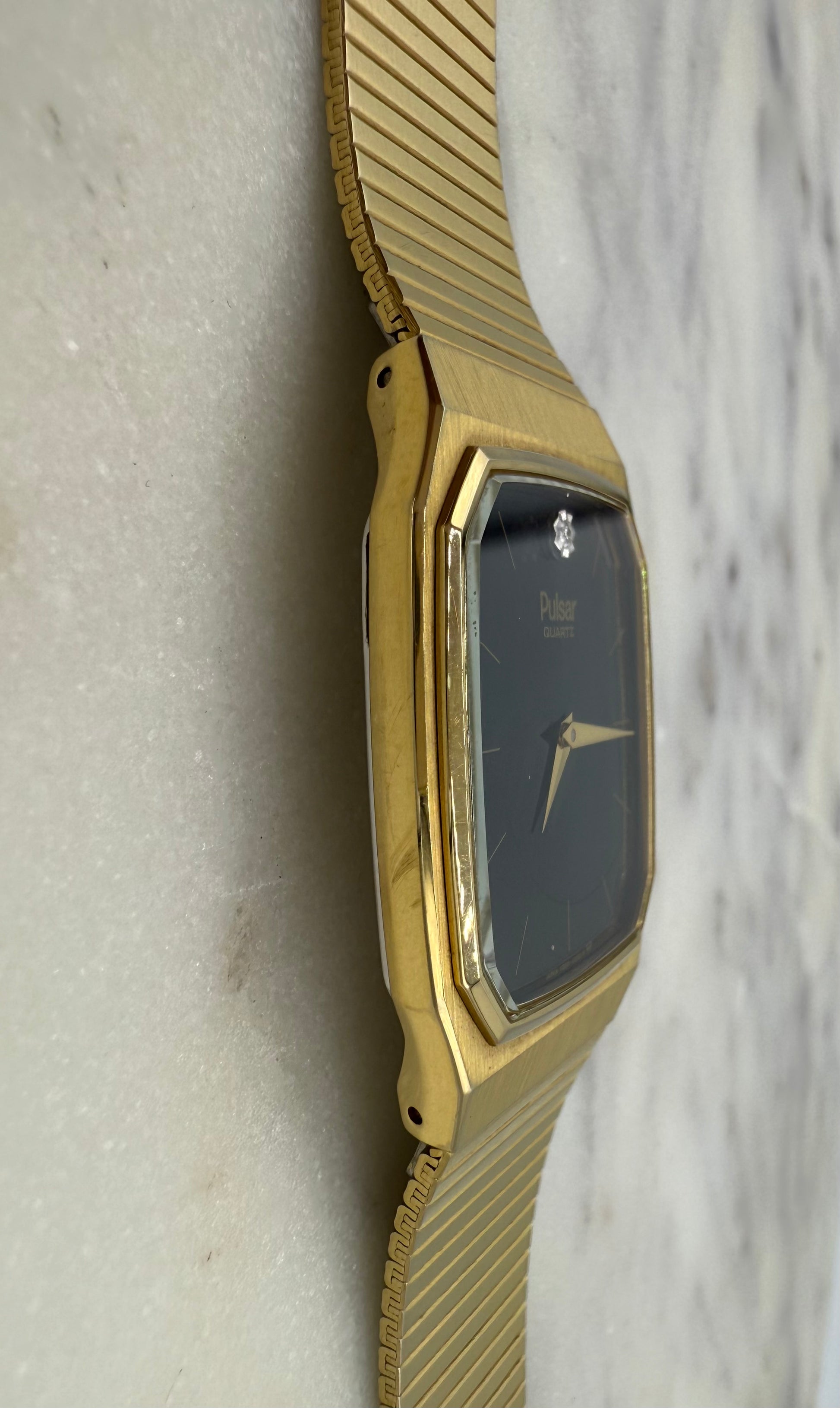 Pulsar Diamond Quartz by Seiko 1980s Gold Tone Black Dial Watch (Excellent Condition)