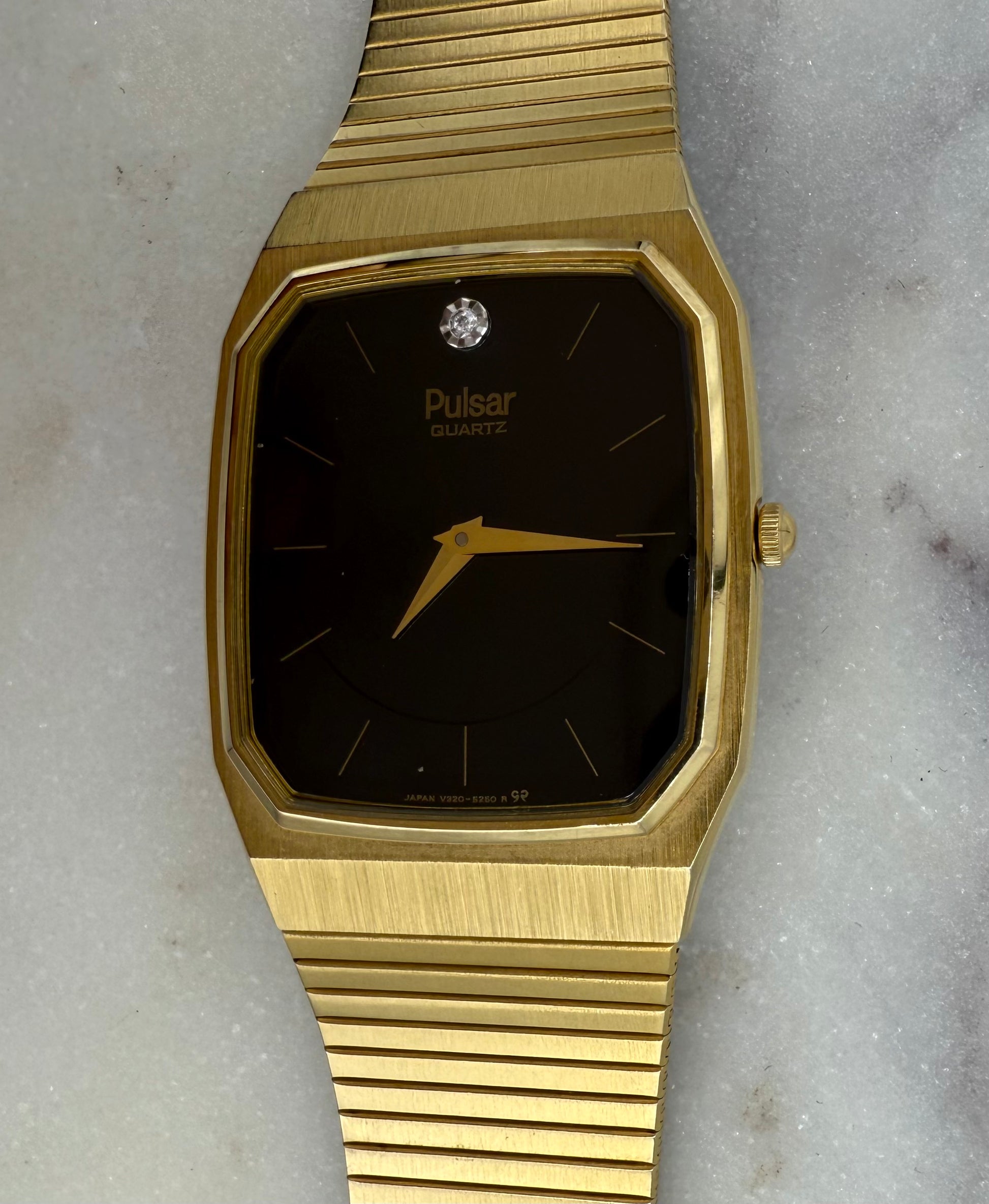 Pulsar Diamond Quartz by Seiko 1980s Gold Tone Black Dial Watch (Excellent Condition)