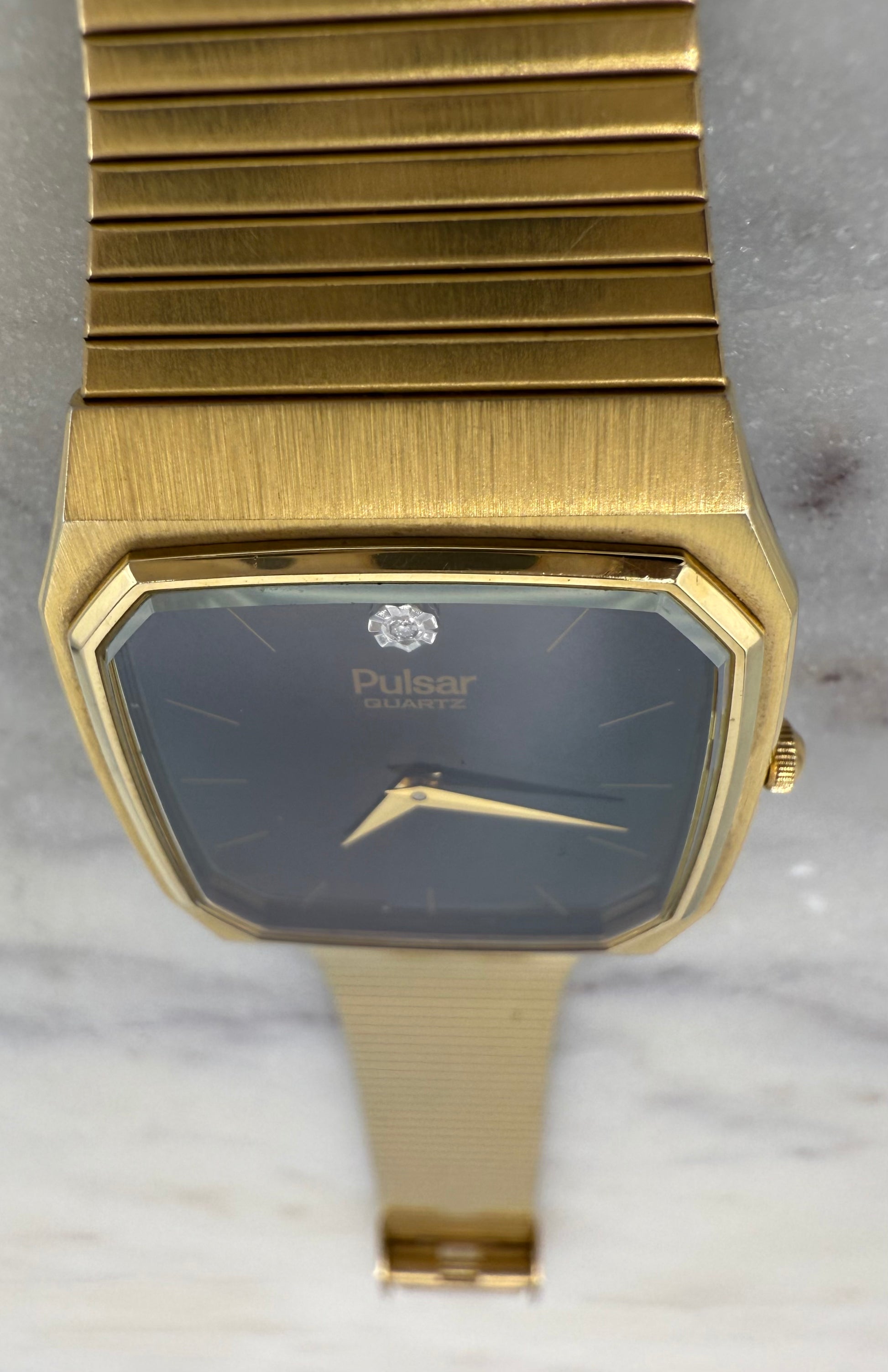 Pulsar Diamond Quartz by Seiko 1980s Gold Tone Black Dial Watch (Excellent Condition)