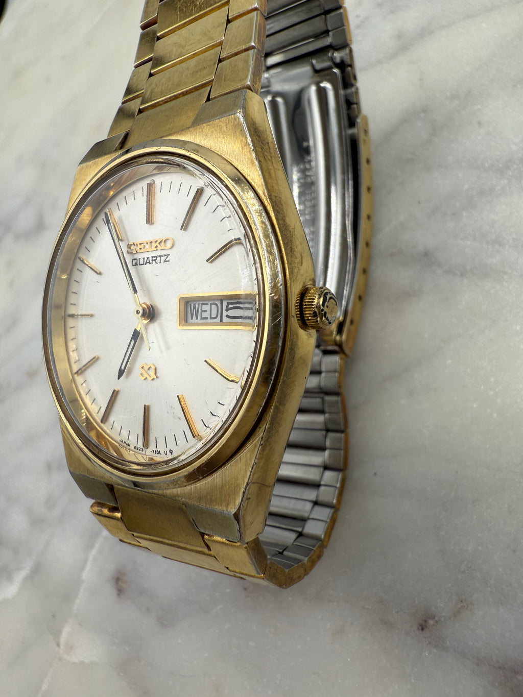 Seiko Quartz SQ 1980s Gold Tone Day Date Watch (Good condition)