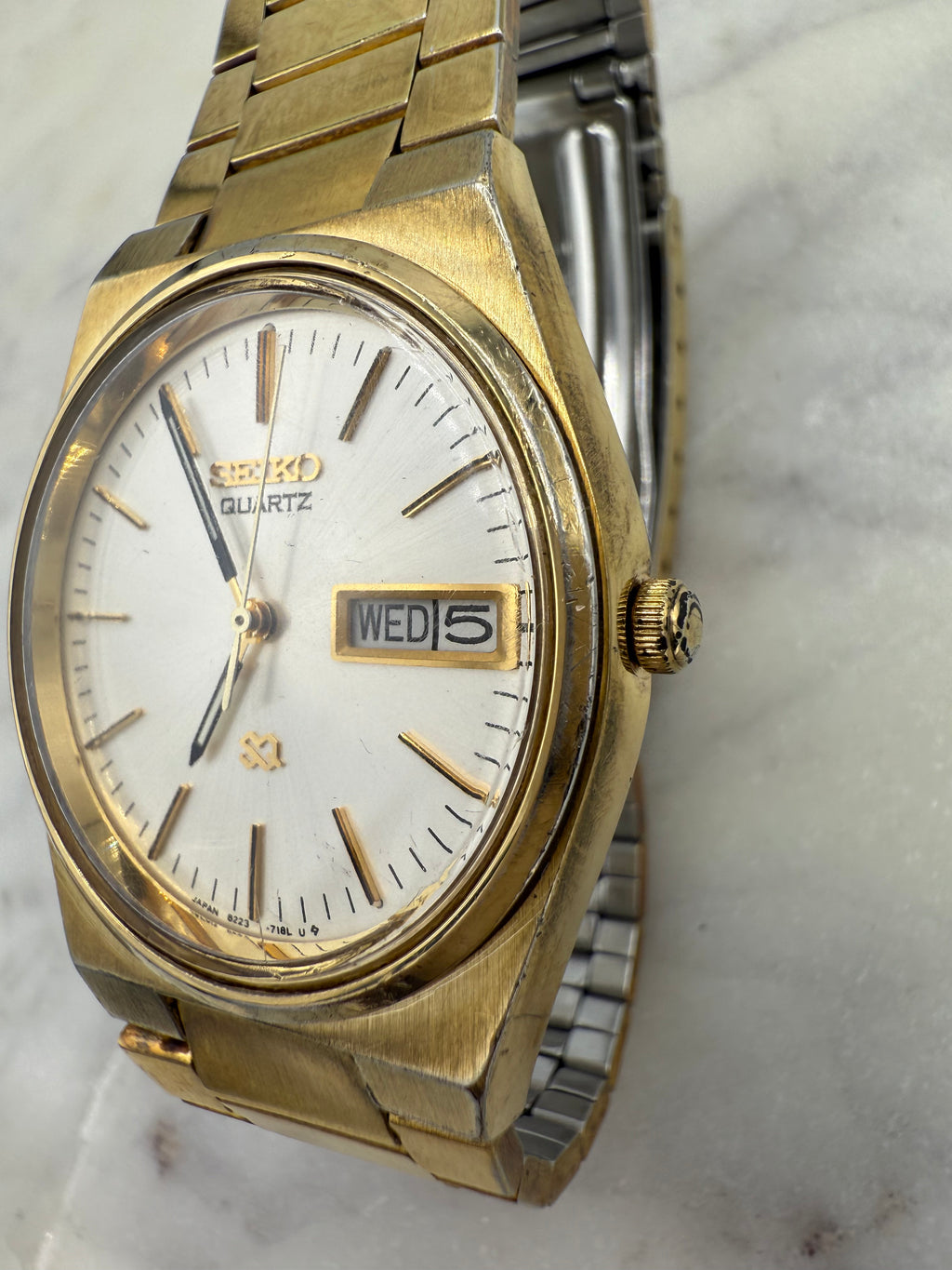 Seiko Quartz SQ 1980s Gold Tone Day Date Watch (Good condition)
