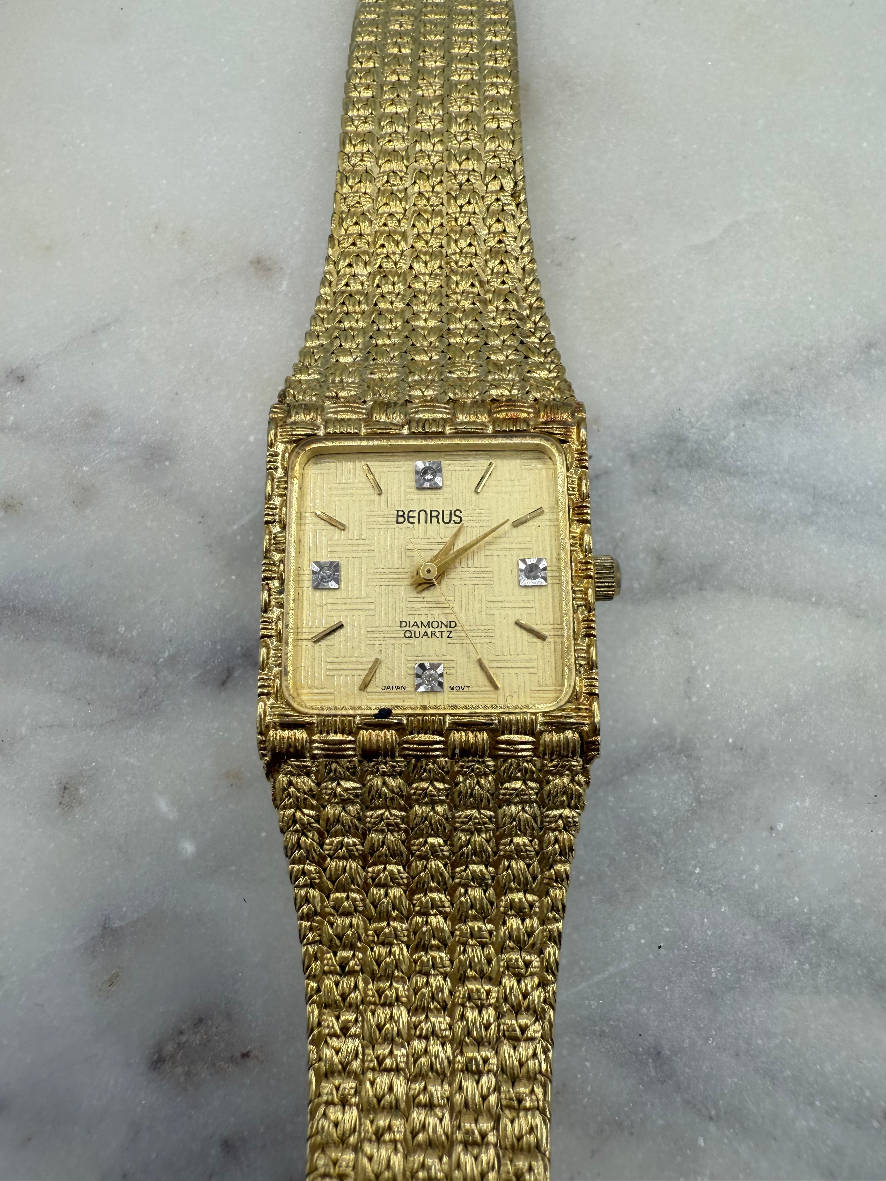 Benrus Diamond Quartz Vintage Gold tone 4 Diamond Watch (Near Mint)