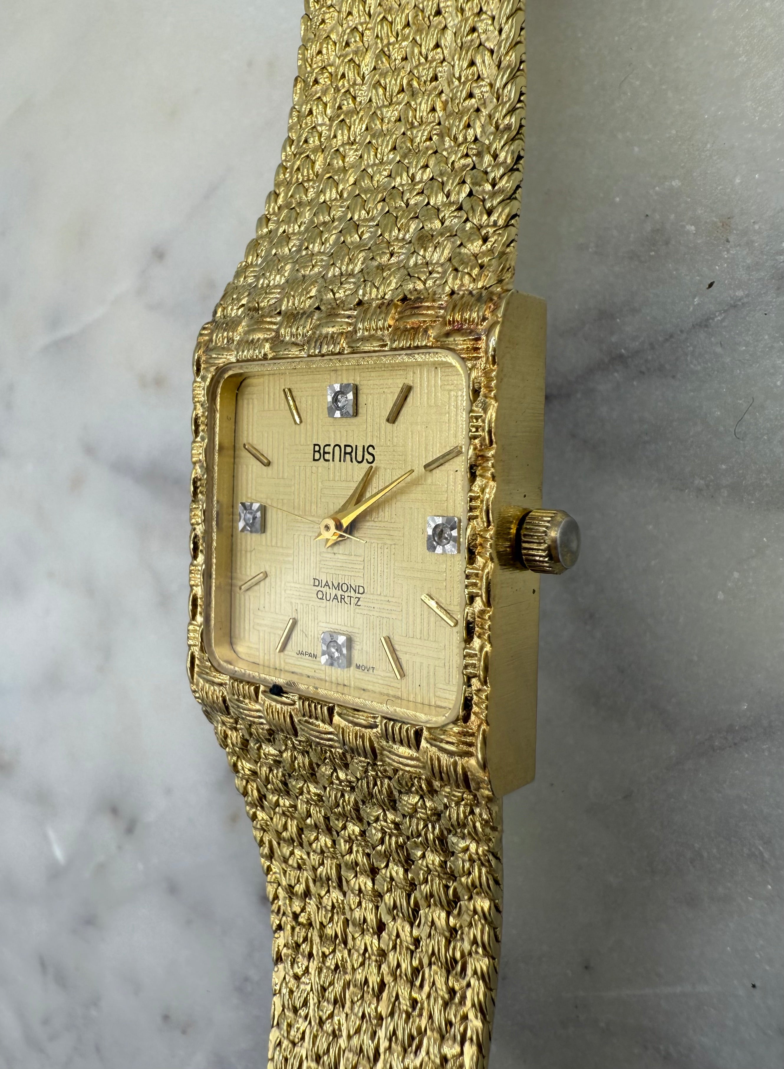 Benrus Diamond Quartz Vintage Gold tone 4 Diamond Watch (Near Mint)