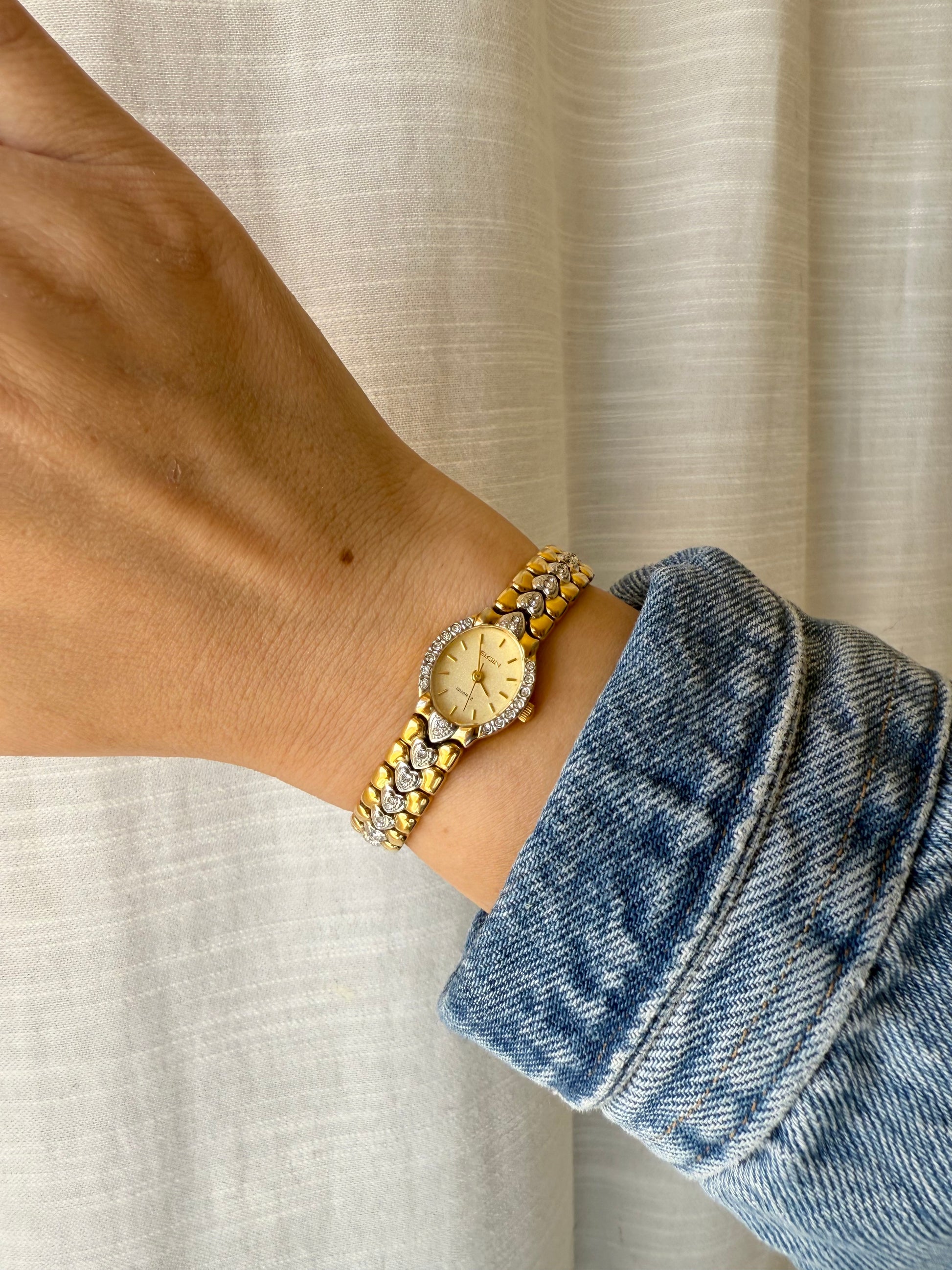 1990’s Elgin Crystal Hearts Gold Tone Quartz Watch