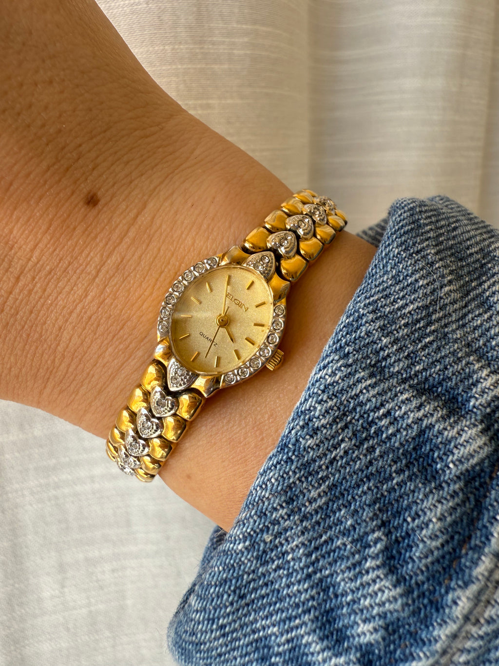 1990’s Elgin Crystal Hearts Gold Tone Quartz Watch