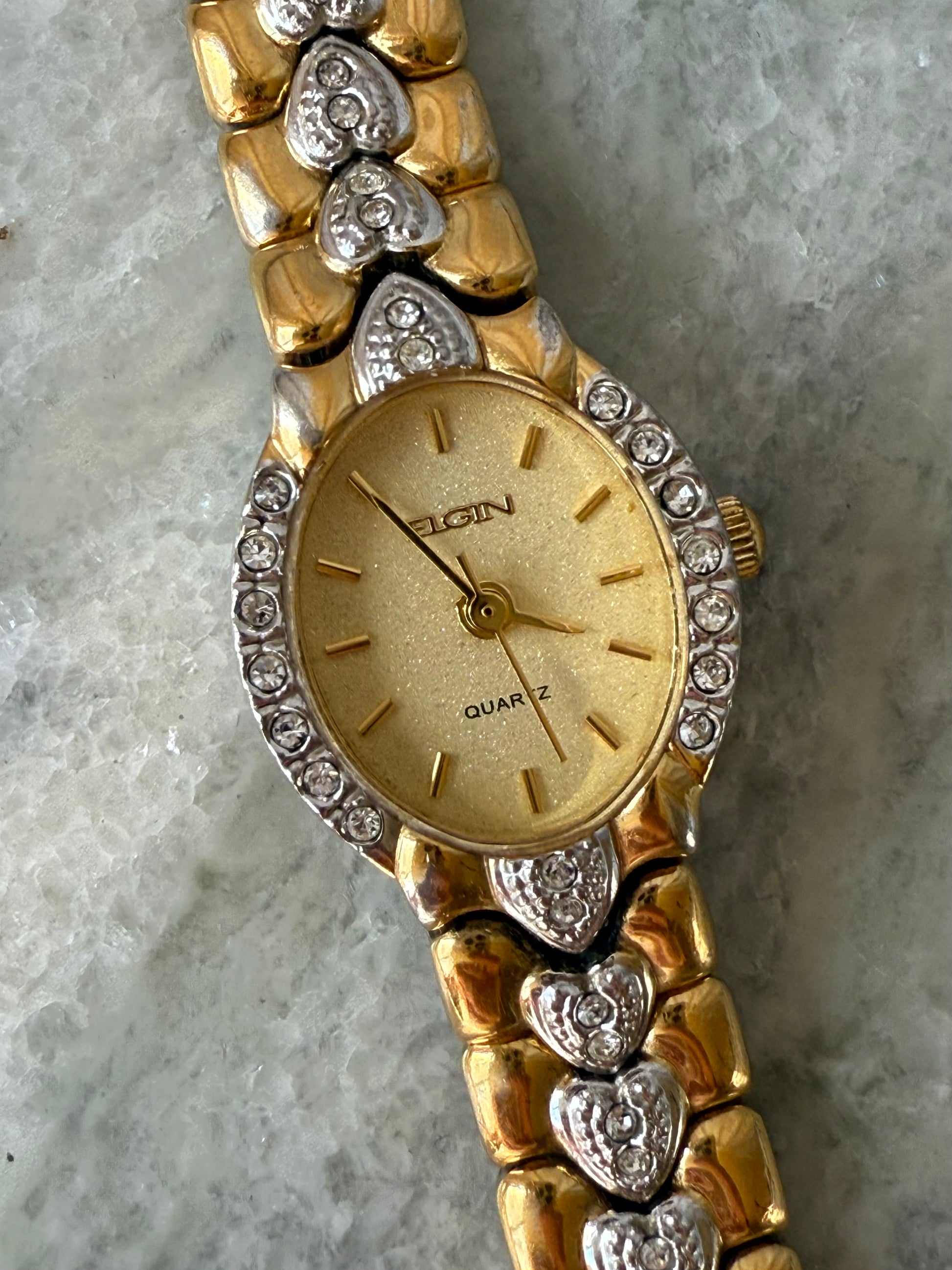 1990’s Elgin Crystal Hearts Gold Tone Quartz Watch