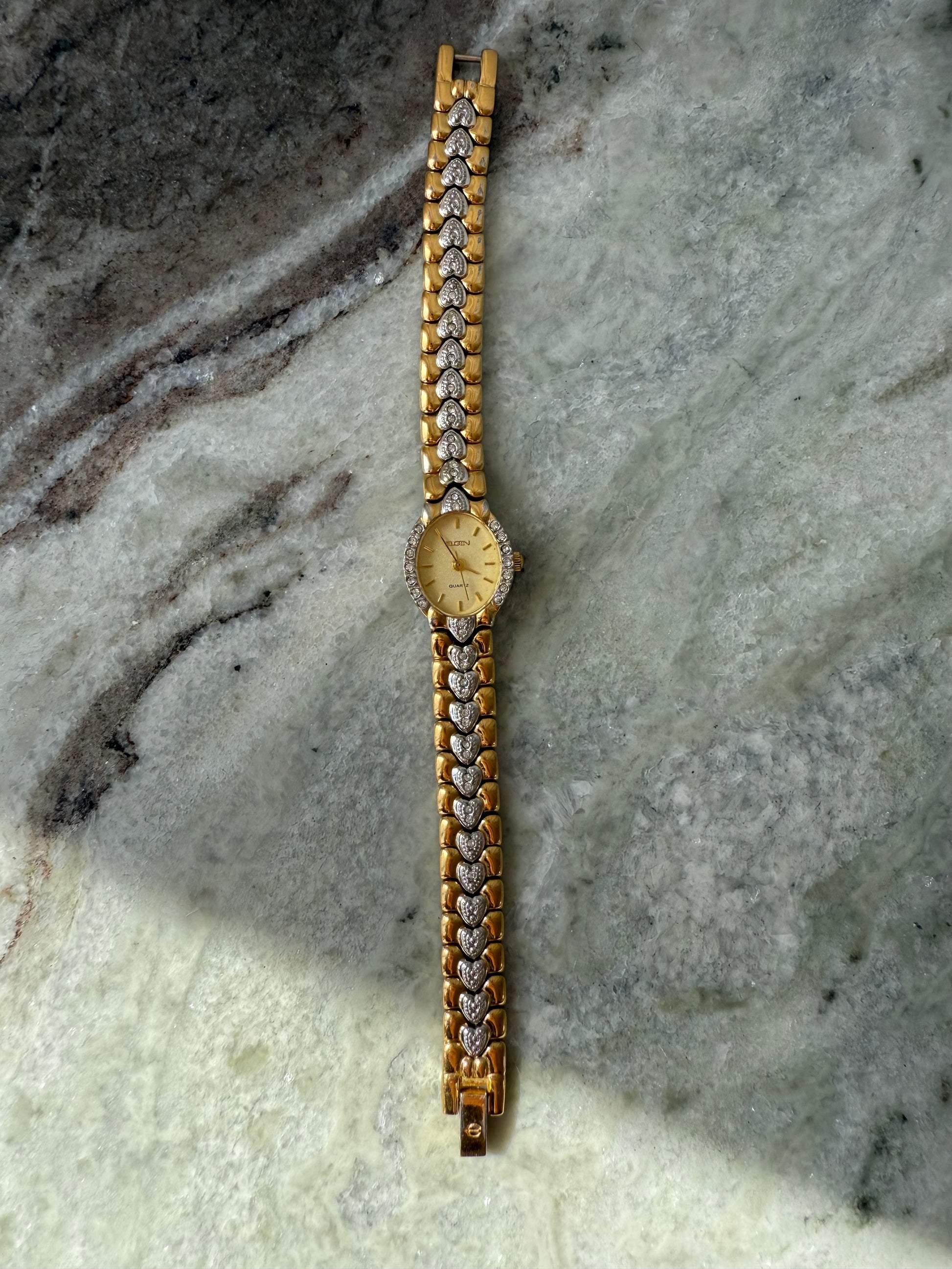 1990’s Elgin Crystal Hearts Gold Tone Quartz Watch