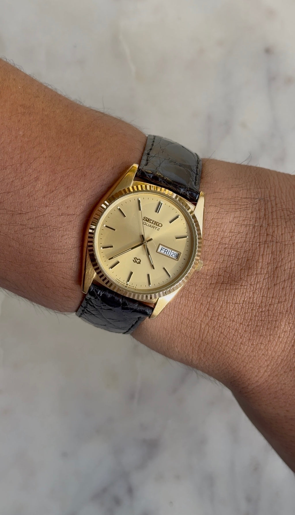 1988 Seiko Quartz SQ “President” Day Date Gold Tone Watch
