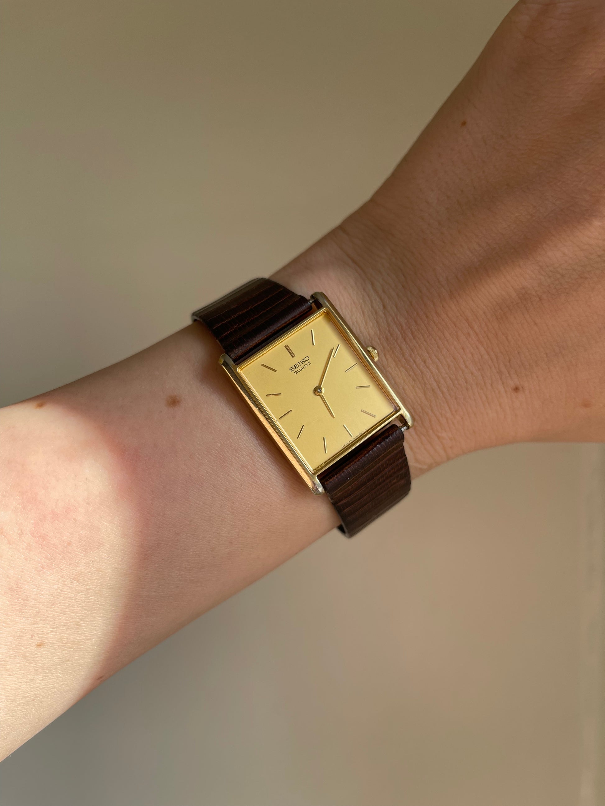 Seiko Vintage Tank Watch -  Gold Tone with Brown Leather Strap - New Battery
