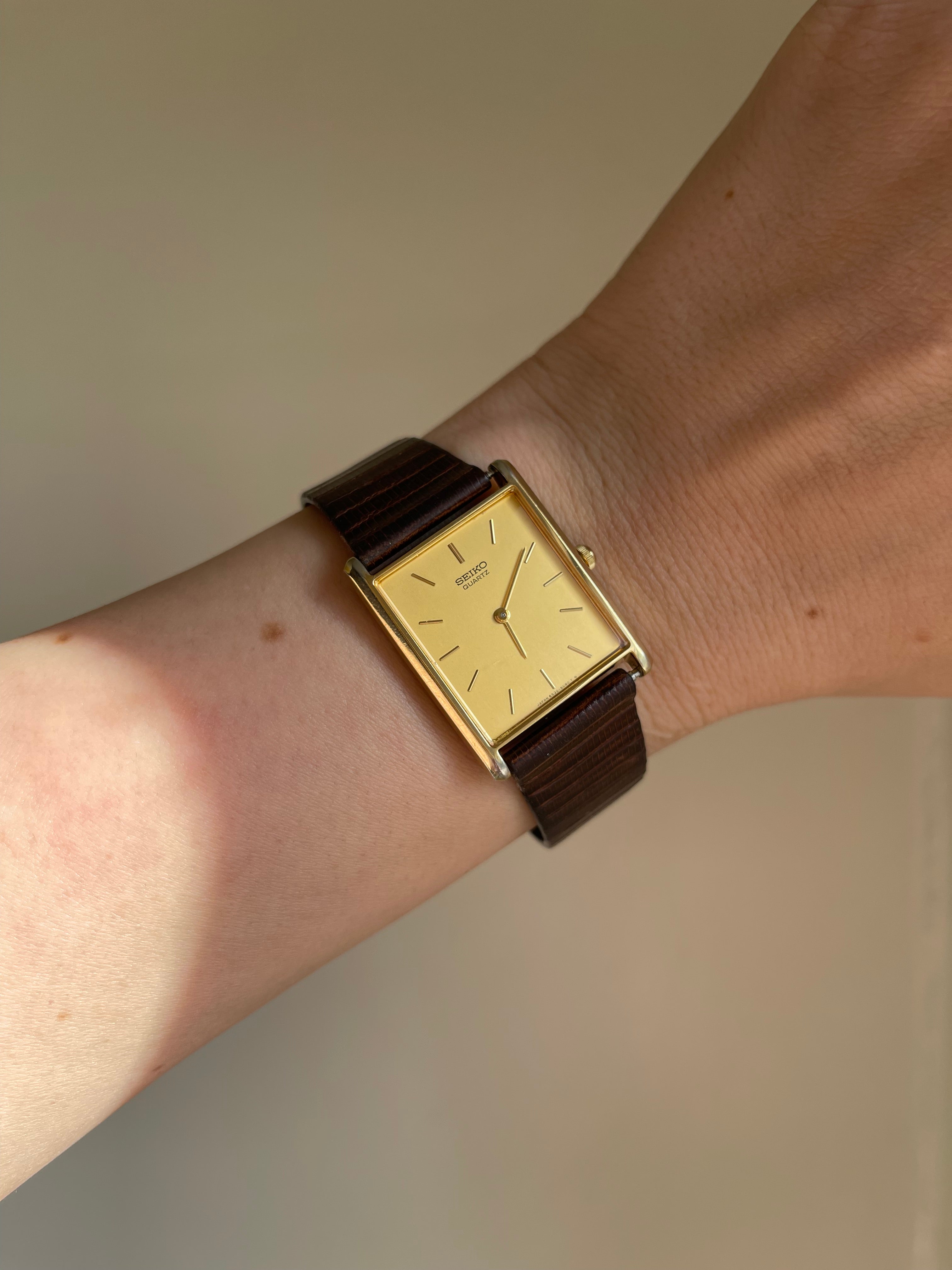 Seiko Vintage Tank Watch -  Gold Tone with Brown Leather Strap - New Battery