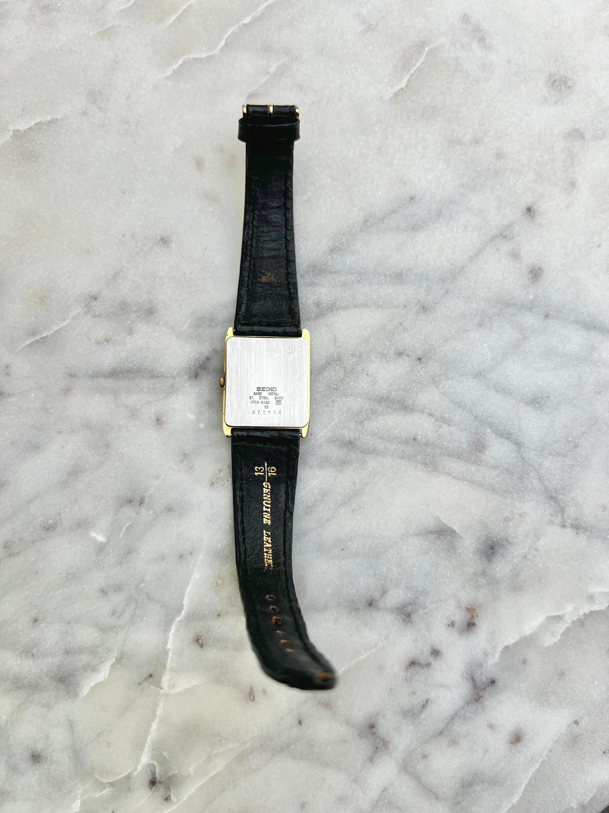 Seiko Vintage V700Tank Watch - 25mm Gold Tone with Black Leather Strap - New Battery