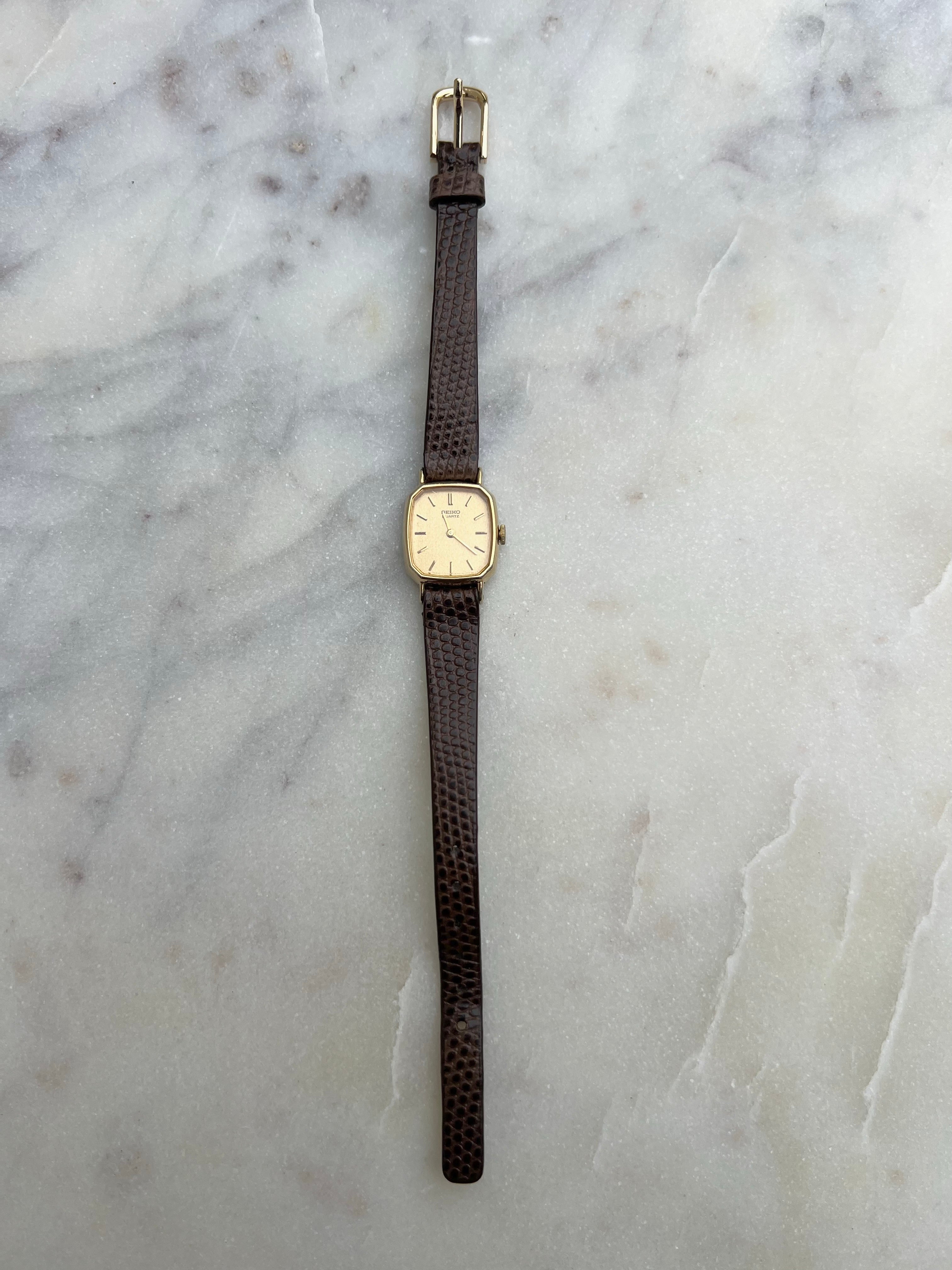 Seiko Vintage Gold Dial Gold Tone Rectangle - 10mm Brown Leather Strap - New Battery - Fits up to 6.5 wrist