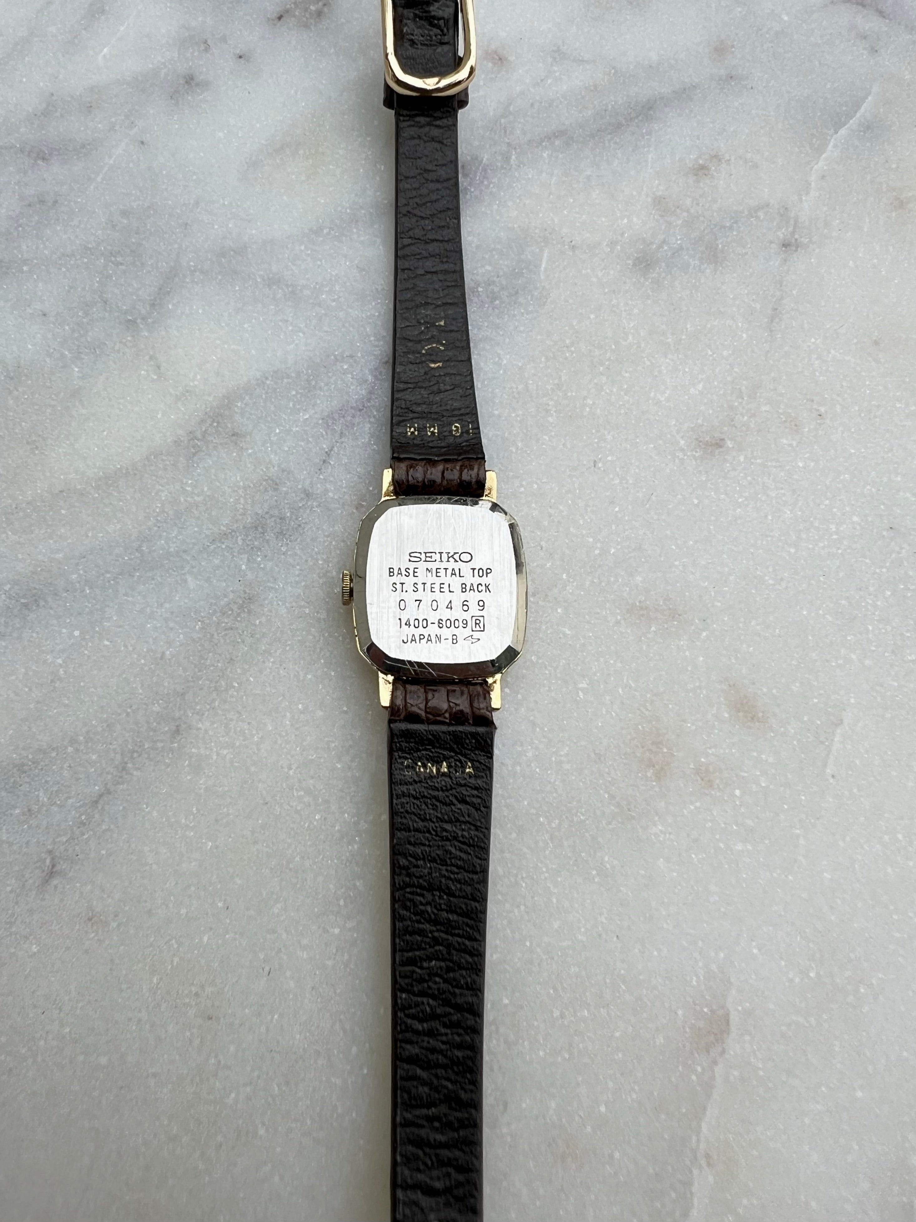 Seiko Vintage Gold Dial Gold Tone Rectangle - 10mm Brown Leather Strap - New Battery - Fits up to 6.5 wrist